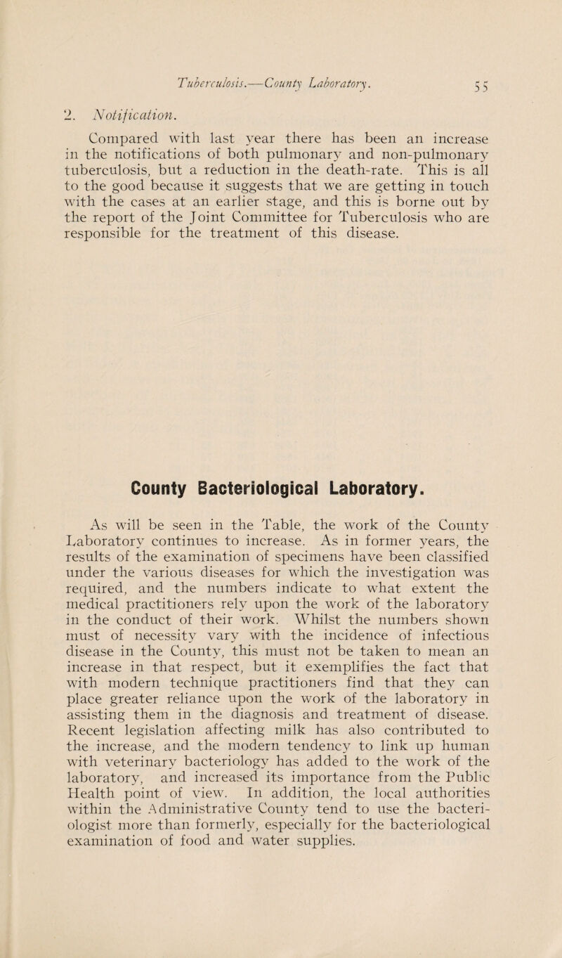 Tuberculosis.—Counts Laboratory. 2. Notification. Compared with last year there has been an increase in the notifications of both pulmonary and non-pulmonary tuberculosis, but a reduction in the death-rate. This is all to the good because it suggests that we are getting in touch with the cases at an earlier stage, and this is borne out by the report of the Joint Committee for Tuberculosis who are responsible for the treatment of this disease. County Bacteriological Laboratory. As will be seen in the Table, the work of the County Laboratory continues to increase. As in former years, the results of the examination of specimens have been classified under the various diseases for which the investigation was required, and the numbers indicate to what extent the medical practitioners rely upon the work of the laboratory in the conduct of their work. Whilst the numbers shown must of necessity vary with the incidence of infectious disease in the County, this must not be taken to mean an increase in that respect, but it exemplifies the fact that with modern technique practitioners find that they can place greater reliance upon the work of the laboratory in assisting them in the diagnosis and treatment of disease. Recent legislation affecting milk has also contributed to the increase, and the modern tendency to link up human with veterinary bacteriology has added to the work of the laboratory, and increased its importance from the Public Health point of view. In addition, the local authorities within the Administrative County tend to use the bacteri¬ ologist more than formerly, especially for the bacteriological examination of food and water supplies.