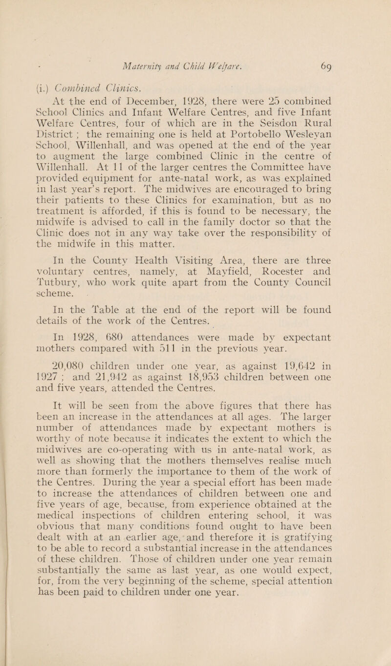 (i.) Combined Clinics. At the end of December, 1928, there were 25 combined School Clinics and Infant Welfare Centres, and five Infant Welfare Centres, four of which are in the Seisdon Rural District ; the remaining one is held at Portobello Wesleyan School, Willenhall, and was opened at the end of the year to augment the large combined Clinic in the centre of Willenhall. At 11 of the larger centres the Committee have provided equipment for ante-natal work, as was explained in last year’s report. The midwives are encouraged to bring their patients to these Clinics for examination, but as no treatment is afforded, if this is found to be necessary, the midwife is advised to call in the family doctor so that the Clinic does not in any way take over the responsibility of the midwife in this matter. In the County Health Visiting Area, there are three voluntary centres, namely, at Mayfield, Rocester and Tutbury, who work quite apart from the County Council scheme. In the Table at the end of the report will be found details of the work of the Centres. In 1928, 680 attendances were made by expectant mothers compared with 511 in the previous year. 20,080 children under one year, as against 19,642 in 1927 ; and 21,942 as against 18,953 children between one and five years, attended the Centres. It will be seen from the above figures that there has been an increase in the attendances at all ages. The larger number of attendances made by expectant mothers is worthy of note because it indicates the extent to which the midwives are co-operating with us in ante-natal work, as well as showing that the mothers themselves realise much more than formerly the importance to them of the work of the Centres. During the year a special effort has been made to increase the attendances of children between one and five years of age, because, from experience obtained at the medical inspections of children entering school, it was obvious that many conditions found ought to have been dealt with at an earlier age, and therefore it is gratifying to be able to record a substantial increase in the attendances of these children. Those of children under one year remain substantially the same as last year, as one would expect, for, from the very beginning of the scheme, special attention has been paid to children under one year.