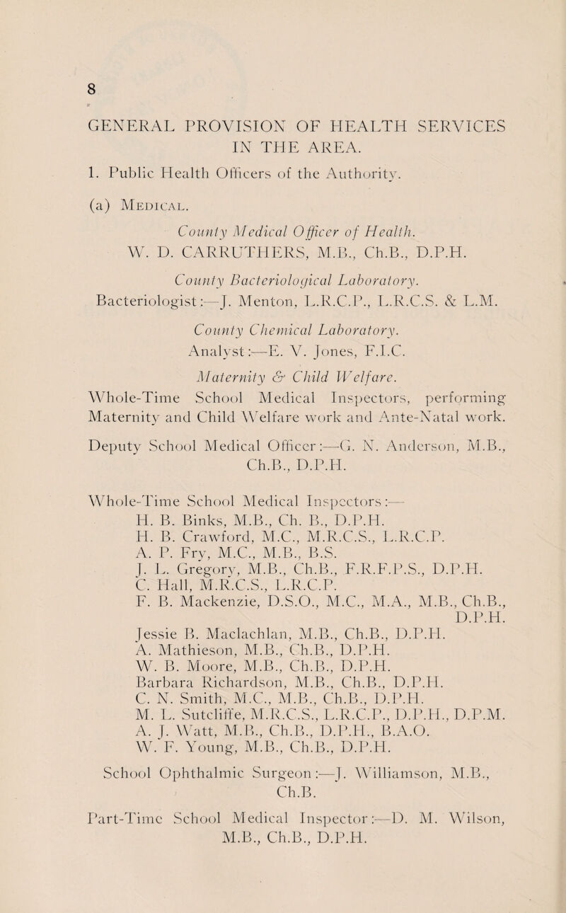 GENERAL PROVISION OF El EARTH SERVICES IN THE AREA. 1. Public Health Officers of the Authority. (a) Medical. County Medical Officer of Health. W. D. CARRUTHERS, M.B., Ch.B., D.P.H. County Bacteriological Laboratory. Bacteriologist:—J. Menton, L.R.C.P., L.R.C.S. & L.M. County Chemical Laboratory. Analyst:—E. V. Jones, F.I.C. Maternity & Child Welfare. Whole-Time School Medical Inspectors, performing Maternity and Child Welfare work and Ante-Natal work. Deputy School Medical Officer:—-G. N. Anderson, M.B., Ch.B., D.P.H. Whole-Time School Medical Inspectors:-— H. B. Binks, M.B., Ch. B., D.P.H. H. B. Crawford, M.C., M.R.C.S., L.R.C.P. A. P. Fry, M.C., M.B., B.S. J. L. Gregory, M.B, Ch.B., F.R.F.P.S., D.P.H. C. Hall, M.R.C.S., L.R.C.P. F. B. Mackenzie, D.S.O, M.C., M.A., M.B., Ch.B., D.P.H. Jessie B. Maclachlan, M.B., Ch.B., D.P.H. A. Mathieson, M.B., Ch.B., D.P.H. W. B. Moore, M.B., Ch.B., D.P.H. Barbara Richardson, M.B., Ch.B., D.P.H. C. N. Smith, M.C., M.B., Ch.B., D.P.H. M. L. Sutcliffe, M.R.C.S., L.R.C.P., D.P.H., D.P.M. A. J. Watt, M.B., Ch.B., D.P.H., B.A.O. W. E. Young, M.B., Ch.B., D.P.H. School Ophthalmic Surgeon:—j. Williamson, M.B., Ch.B. Part-Time School Medical Inspector:-—D. M. Wilson, M.B., Ch.B., D.P.H.