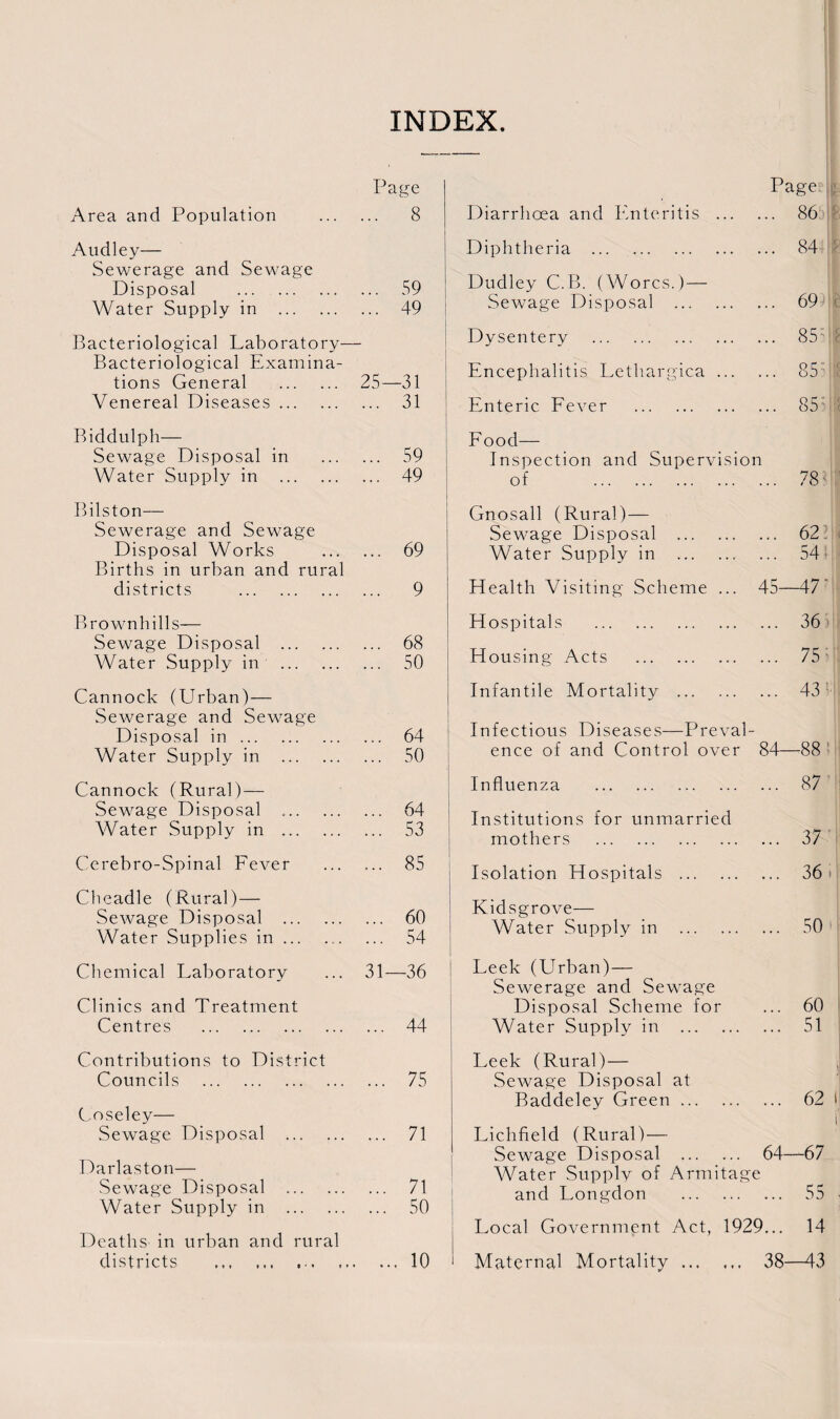 INDEX. Page Area and Population . 8 Audley— Sewerage and Sewage Disposal . 59 Water Supply in . 49 Bacteriological Laboratory— Bacteriological Examina¬ tions General . 25—31 Venereal Diseases. 31 Biddulph— Sewage Disposal in . 59 Water Supply in . 49 Bilston— Sewerage and Sewage Disposal Works . 69 Births in urban and rural districts . 9 Brown hi 11s— Sewage Disposal . 68 Water Supply in . 50 Cannock (Urban) — Sewerage and Sewage Disposal in. 64 Water Supply in . 50 Cannock (Rural)— Sewage Disposal . 64 Water Supply in . 53 Cerebro-Spinal Fever ... ... 85 Cheadle (Rural)— Sewage Disposal . 60 Water Supplies in. 54 Chemical Laboratory ... 31—36 Clinics and Treatment Centres . 44 Contributions to District Councils . 75 Coseley— Sewage Disposal Darlaston— Sewage Disposal Water Supply in Deaths in urban and rural districts .. 71 71 50 10 Page Diarrhoea and Enteritis ... ... 86 • Diphtheria . ... 84d| Dudley C.B. (Worcs.)— Sewage Disposal . ... 69 Dysentery . ... 85: f Encephalitis Lethargica ... ... 85 I Enteric Fever . ... 85: Food— Inspection and Supervision of . ... 78' Gnosall (Rural) — Sewage Disposal . ... 621 Water Supply in . ... 54 Health Visiting Scheme ... 45—47' Hospitals . ... 36 Housing Acts . ... 75; Infantile Mortality . ... 43 Infectious Diseases—Preval- ence of and Control over 84—88 Influenza . ... 87 Institutions for unmarried mothers . ... 37 Isolation Hospitals . ... 36. Kidsgrove— Water Supply in . ... 50 Leek (LTrban)— Sewerage and Sewage Disposal Scheme for ... 60 Water Supply in . ... 51 Leek (Rural)— Sewage Disposal at Baddeley Green. ... 62 1 Lichfield (Rural)— i Sewage Disposal . 64—67 Water Supply of Armitag e and Longdon . ... 55 Local Government Act, 1929... 14 Maternal Mortality. 38—43 * » » 9 ■ «