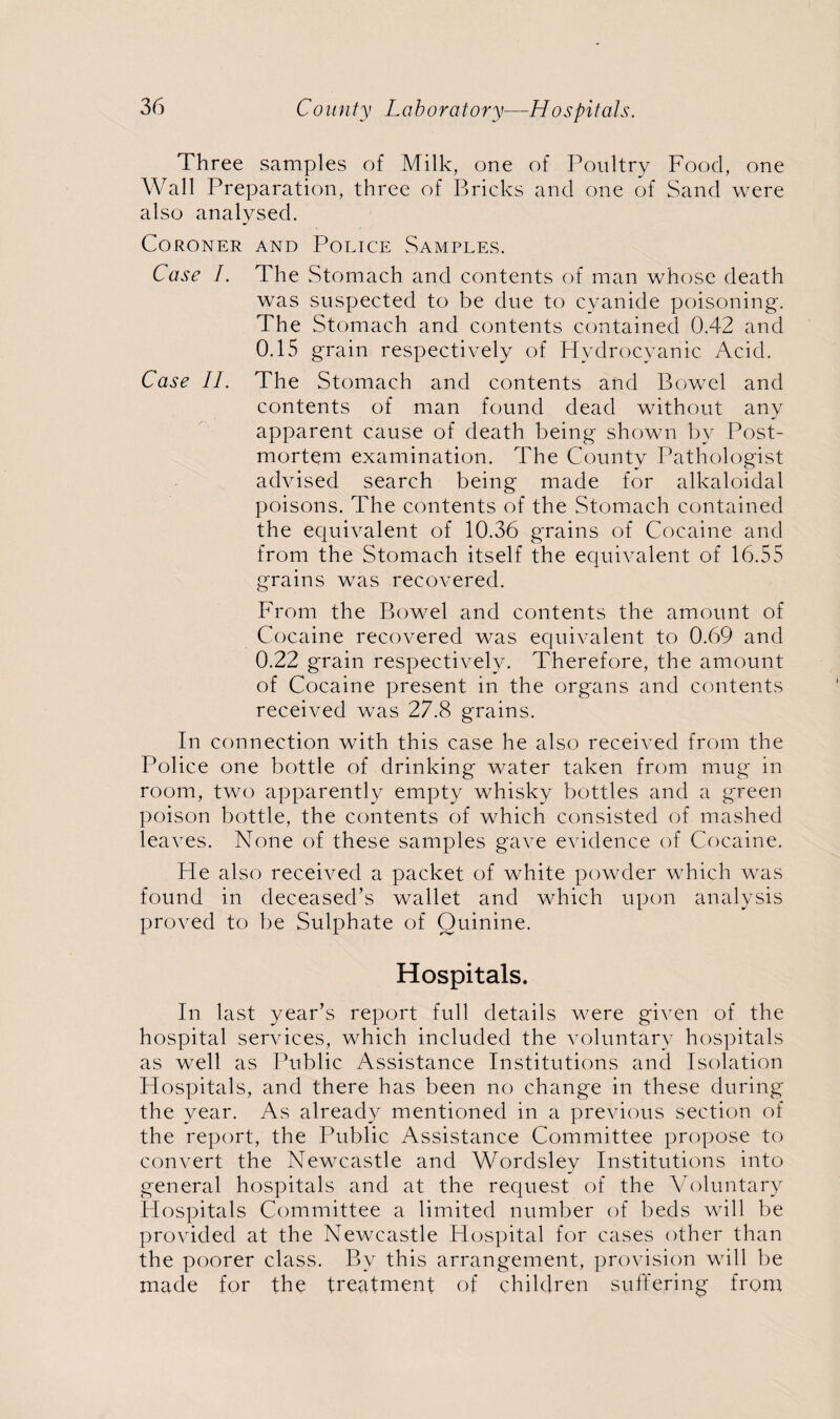 County La b or at o ry—H os pi tals. Three samples of Milk, one of Poultry Food, one Wall Preparation, three of Bricks and one of Sand were also analysed. Coroner and Police Samples. Case /. The Stomach and contents of man whose death was suspected to be due to cyanide poisoning. The Stomach and contents contained 0.42 and 0.15 grain respectively of Hydrocyanic Acid. Case II. The Stomach and contents and Bowel and contents of man found dead without any apparent cause of death being shown by Post¬ mortem examination. The County Pathologist advised search being made for alkaloidal poisons. The contents of the Stomach contained the equivalent of 10.36 grains of Cocaine and from the Stomach itself the equivalent of 16.55 grains was recovered. From the Bowel and contents the amount of Cocaine recovered was equivalent to 0.69 and 0.22 grain respectively. Therefore, the amount of Cocaine present in the organs and contents received was 27.8 grains. In connection with this case he also received from the Police one bottle of drinking water taken from mug in room, two apparently empty whisky bottles and a green poison bottle, the contents of which consisted of mashed leaves. None of these samples gave evidence of Cocaine. He also received a packet of white powder which was found in deceased’s wallet and which upon analysis proved to be Sulphate of Quinine. Hospitals. In last year’s report full details were given of the hospital services, which included the voluntary hospitals as well as Public Assistance Institutions and Isolation Hospitals, and there has been no change in these during the year. As already mentioned in a previous section of the report, the Public Assistance Committee propose to convert the Newcastle and Wordsley Institutions into general hospitals and at the request of the Voluntary Hospitals Committee a limited number of beds will be provided at the Newcastle Hospital for cases other than the poorer class. By this arrangement, provision will be made for the treatment of children suffering from