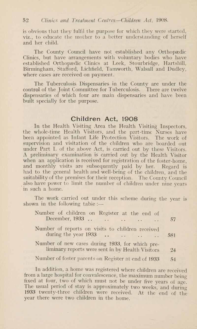 is obvious that they fulfil the purpose for which they were started, viz., to educate the mother to a better understanding of herself and her child. The County Council have not established any Orthopaedic Clinics, but have arrangements with voluntary bodies who have established Orthopaedic Clinics at Leek, Stourbridge, Hartshill, Birmingham, Stafford, Lichfield, Tamworth, Walsall and Dudley, where cases are received on payment. The Tuberculosis Dispensaries in the County are under the control of the Joint Committee for Tuberculosis. There are twelve dispensaries of which four are main dispensaries and have been built specially for the purpose. Children Act, 1908 In the Health Visiting Area the Health Visiting Inspectors, the whole-time Health Visitors, and the part-time Nurses have been appointed as Infant Life Protection Visitors. The work of supervision and visitation of the children who are boarded out under Part I. of the above Act, is carried out by these Visitors. A preliminary examination is carried out by the Health Visitor when an application is received for registration of the foster-home, and monthly visits are subsequently paid by her. Regard is had to the general health and well-being of the children, and the suitability of the premises for their reception. The County Council also have power to limit the number of children under nine years in such a home. The work carried out under this scheme during the year is shown in the following table Number of children on Register at the end of December, 1933 . . . 57 Number of reports on visits to children received during the year 1933 . 581 Number of new cases during 1933, for which pre¬ liminary reports were sent in by Health Visitors 24 Number of foster parents on Register at end of 1933 54 In addition, a home was registered where children are received from a large hospital for convalescence, the maximum number being fixed at four, two of which must not be under five years of age. The usual period of stay is approximately two weeks, and during 1933 twenty-three children were received. At the end of the year there were two children in the home,