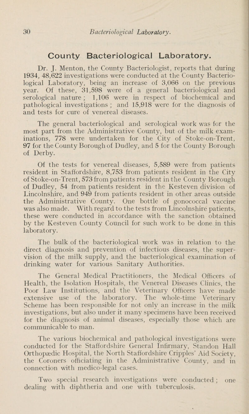 County Bacteriological Laboratory. Dr. J. Menton, the County Bacteriologist, reports that during 1934, 48,622 investigations were conducted at the County Bacterio¬ logical Laboratory, being an increase of 3,066 on the previous year. Of these, 31,598 were of a general bacteriological and serological nature ; 1,106 were in respect of biochemical and pathological investigations ; and 15,918 were for the diagnosis of and tests for cure of venereal diseases. The general bacteriological and serological work was for the most part from the Administrative County, but of the milk exam¬ inations, 778 were undertaken for the City of Stoke-on-Trent, 97 for the County Borough of Dudley, and 5 for the County Borough of Derby. Of the tests for venereal diseases, 5,589 were from patients resident in Staffordshire, 8,753 from patients resident in the City of Stoke-on-Trent, 573 from patients resident in the County Borough of Dudley, 54 from patients resident in the Kesteven division of Lincolnshire, and 949 from patients resident in other areas outside the Administrative County. One bottle of gonococcal vaccine was also made. With regard to the tests from Lincolnshire patients, these were conducted in accordance with the sanction obtained by the Kesteven County Council for such work to be done in this laboratory. The bulk of the bacteriological work was in relation to the direct diagnosis and prevention of infectious diseases, the super¬ vision of the milk supply, and the bacteriological examination of drinking water for various Sanitary Authorities. The General Medical Practitioners, the Medical Officers of Health, the Isolation Hospitals, the Venereal Diseases Clinics, the Poor Law Institutions, and the Veterinary Officers have made extensive use of the laboratory. The whole-time Veterinary Scheme has been responsible for not only an increase in the milk investigations, but also under it many specimens have been received for the diagnosis of animal diseases, especially those which are communicable to man. The various biochemical and pathological investigations were conducted for the Staffordshire General Infirmary, Standon Hall Orthopaedic Hospital, the North Staffordshire Cripples’ Aid Society, the Coroners officiating in the Administrative County, and in connection with medico-legal cases. Two special research investigations were conducted ; one dealing with diphtheria and one with tuberculosis.