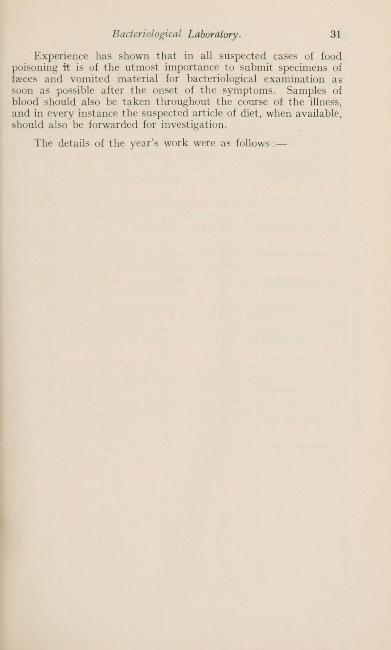 Experience has shown that in all suspected cases of food poisoning it is of the utmost importance to submit specimens of faeces and vomited material for bacteriological examination as soon as possible after the onset of the symptoms. Samples of blood should also be taken throughout the course of the illness, and in every instance the suspected article of diet, when available, should also be forwarded for investigation. The details of the year’s work were as follows :—