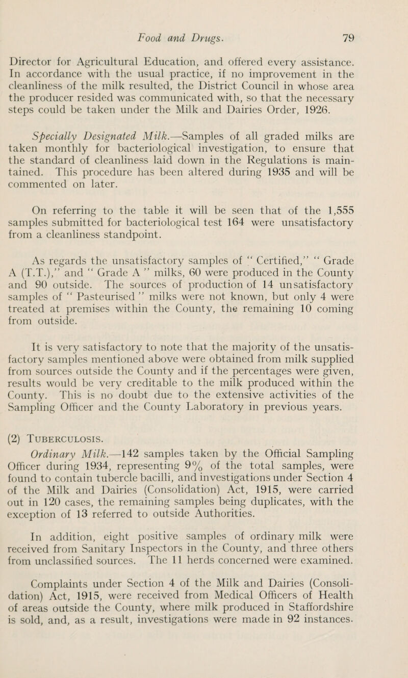 Director for Agricultural Education, and offered every assistance. In accordance with the usual practice, if no improvement in the cleanliness of the milk resulted, the District Council in whose area the producer resided was communicated with, so that the necessary steps could be taken under the Milk and Dairies Order, 1926. Specially Designated Milk.—Samples of all graded milks are taken monthly for bacteriological investigation, to ensure that the standard of cleanliness laid down in the Regulations is main¬ tained. This procedure has been altered during 1935 and will be commented on later. On referring to the table it will be seen that of the 1,555 samples submitted for bacteriological test 164 were unsatisfactory from a cleanliness standpoint. As regards the unsatisfactory samples of “ Certified,”  Grade A (T.T.),” and “ Grade A ” milks, 60 were produced in the County and 90 outside. The sources of production of 14 unsatisfactory samples of “ Pasteurised ” milks were not known, but only 4 were treated at premises within the County, the remaining 10 coming from outside. It is very satisfactory to note that the majority of the unsatis¬ factory samples mentioned above were obtained from milk supplied from sources outside the County and if the percentages were given, results would be very creditable to the milk produced within the County. This is no doubt due to the extensive activities of the Sampling Officer and the County Laboratory in previous years. (2) Tuberculosis. Ordinary Milk.—142 samples taken by the Official Sampling Officer during 1934, representing 9% of the total samples, were found to contain tubercle bacilli, and investigations under Section 4 of the Milk and Dairies (Consolidation) Act, 1915, were carried out in 120 cases, the remaining samples being duplicates, with the exception of 13 referred to outside Authorities. In addition, eight positive samples of ordinary milk were received from Sanitary Inspectors in the County, and three others from unclassified sources. The 11 herds concerned were examined. Complaints under Section 4 of the Milk and Dairies (Consoli¬ dation) Act, 1915, were received from Medical Officers of Health of areas outside the County, where milk produced in Staffordshire is sold, and, as a result, investigations were made in 92 instances.