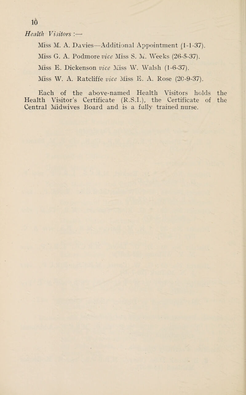 i6 Health Visitors :— Miss M. A. Davies—Additional Appointment (1-1-37). Miss G. A. Podmore wcg Miss S. M. Weeks (26-5-37). Miss E. Dickenson vice Miss W. Walsh (1-6-37). Miss W. A. Ratcliffe vice Miss E. A. Rose (20-9-37). Each of the -above-named Health Visitors holds the Health Visitor's Certificate (R.S.I.), the Certificate of the Central Midwives Board and is a fully trained nurse.