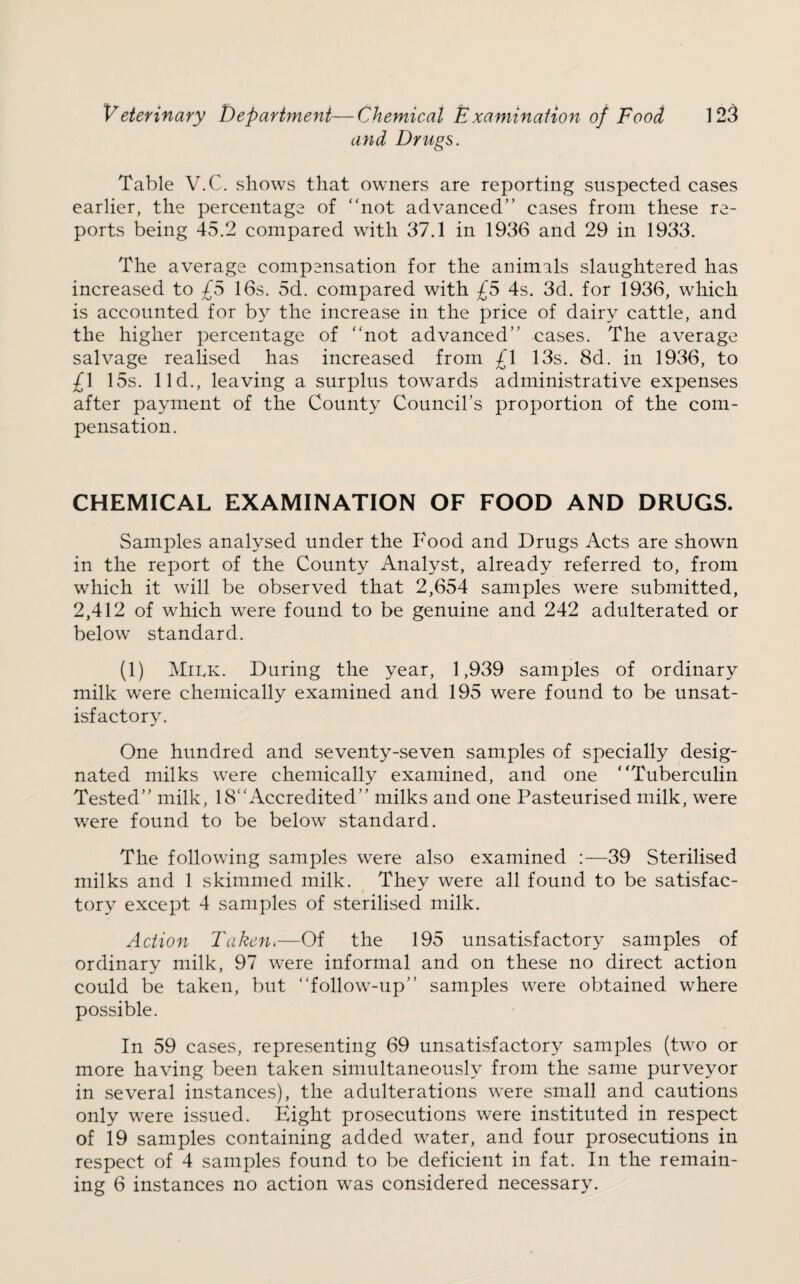 and Drugs. Table V.C. shows that owners are reporting suspected cases earlier, the percentage of “not advanced” cases from these re¬ ports being 45.2 compared with 37.1 in 1936 and 29 in 1933. The average compensation for the animals slaughtered has increased to £5 16s. 5d. compared with £5 4s. 3d. for 1936, which is accounted for by the increase in the price of dairy cattle, and the higher percentage of “not advanced” cases. The average salvage realised has increased from £\ 13s. 8d. in 1936, to £\ 15s. lid., leaving a surplus towards administrative expenses after payment of the County Council’s proportion of the com¬ pensation. CHEMICAL EXAMINATION OF FOOD AND DRUGS. Samples analysed under the Food and Drugs Acts are shown in the report of the County Analyst, already referred to, from which it will be observed that 2,654 samples were submitted, 2,412 of which were found to be genuine and 242 adulterated or below’ standard. (1) Milk. During the year, 1,939 samples of ordinary milk were chemically examined and 195 were found to be unsat¬ isfactory. One hundred and seventy-seven samples of specially desig¬ nated milks w’ere chemically examined, and one “Tuberculin Tested” milk, 18“Accredited” milks and one Pasteurised milk, were were found to be below standard. The following samples were also examined :—39 Sterilised milks and 1 skimmed milk. They were all found to be satisfac¬ tory except 4 samples of sterilised milk. Action Taken.—Of the 195 unsatisfactory samples of ordinary milk, 97 w^ere informal and on these no direct action could be taken, but “follow’-up” samples were obtained where possible. In 59 cases, representing 69 unsatisfactory samples (two or more having been taken simultaneously from the same purveyor in several instances), the adulterations w’ere small and cautions only were issued. Eight prosecutions were instituted in respect of 19 samples containing added water, and four prosecutions in respect of 4 samples found to be deficient in fat. In the remain¬ ing 6 instances no action was considered necessary.