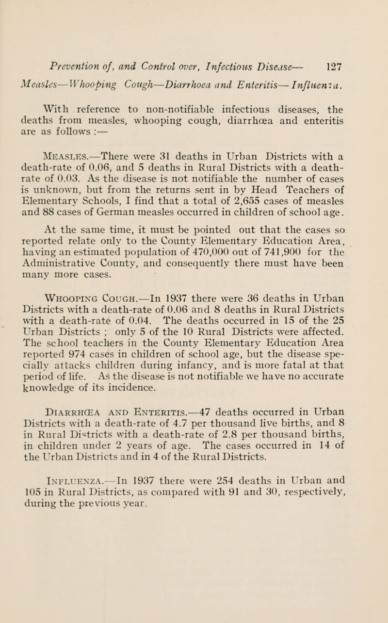 Measles—Whooping Cough—Diarrhoea and Enteritis—Influenza. With reference to non-notifiable infectious diseases, the deaths from measles, whooping cough, diarrhoea and enteritis are as follows :— MeasIvKS.—There were 31 deaths in Urban Districts with a death-rate of 0.06, and 5 deaths in Rural Districts with a death- rate of 0.03. As the disease is not notifiable the number of cases is unknown, but from the returns sent in by Head Teachers of Elementary Schools, I find that a total of 2,655 cases of measles and 88 cases of German measles occurred in children of school age. At the same time, it must be pointed out that the cases so reported relate only to the County Elementary Education Area, having an estimated population of 470,000 out of 741,900 for the Administrative County, and consequently there must have been many more cases. Whooping Cough.—In 1937 there were 36 deaths in Urban Districts with a death-rate of 0.06 and 8 deaths in Rural Districts with a death-rate of 0.04. The deaths occurred in 15 of the 25 Urban Districts ; only 5 of the 10 Rural Districts were affected. The school teachers in the County Elementary Education Area reported 974 cases in children of school age, but the disease spe¬ cially attacks children during infancy, and is more fatal at that period of life. As the disease is not notifiable we have no accurate knowledge of its incidence. Diarrhcea and Enteritis.—47 deaths occurred in Urban Districts with a death-rate of 4.7 per thousand live births, and 8 in Rural Di^^tricts with a death-rate of 2.8 per thousand births, in children under 2 years of age. The cases occurred in 14 of the Urban Districts and in 4 of the Rural Districts. Influenza.—In 1937 there were 254 deaths in Urban and 105 in Rural Districts, as compared with 91 and 30, respectively, during the previous year.