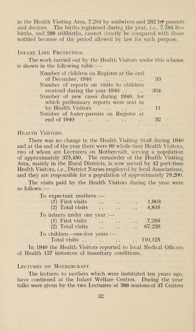 in the Health Visiting Area, 7,204 by midwives and 282 by parents and doctors. The births registered during the year, i.e., 7,784 live births, and 288 stillbirths, cannot strictly be compared with those notified because of the period allowed by law for each purpose. Infant Life Protection. The work carried out by the Health Visitors under this scheme is shown in the following table :— Number of children on Register at the end of December, 1940 . . . . . . 33 Number of reports on visits to children received during the year 1940 . . . . v304 Number of new cases during 1940, for which preliminary reports were sent in by Health Visitors . . . . . . 11 Number of foster-parents on Register at end of 1940 . . . . . . . . 32 Health Visitors. There was no change in the Health Visiting Staff during 1940 and at the end of the year there were 60 whole-time Health Visitors, two of whom are Lecturers on Mothercraft, serving a population of approximately 375,450. The remainder of the Health Visiting Area, mainly in the Rural Districts, is now served by 42 part-time Health Visitors, i.e., District Nurses employed by local Associations, and they are responsible for a population of approximately 79,200. The visits paid by the Health Visitors during the year were as follows :— To expectant mothers :— (1) First visits (2) Total visits To infants under one vear :— (1) First visits (2) Total visits To children—one-five years — Total visits .. 1,903 4,835 7,285 67,226 110,125 In 1940 the Health Visitors reported to local Medical Officers of Health 127 instances of insanitary conditions. Lectures on Mothercraft. The lectures to mothers which were instituted ten years ago, have continued at the Infant Welfare Centres. During the 37ear talks were given by the two Lecturers at 388 sessions of 47 Centres