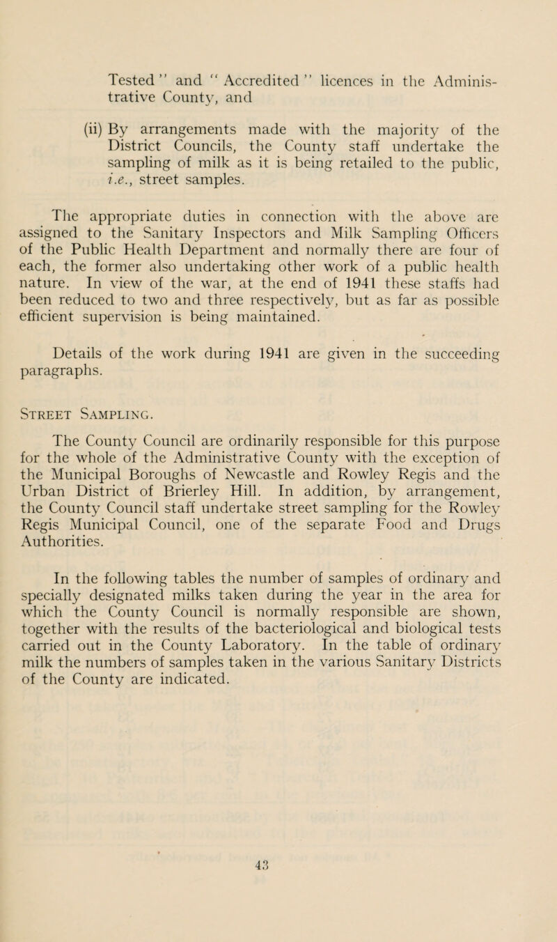 Tested” and Accredited” licences in the Adminis¬ trative Countv, and (ii) By arrangements made with the majority of the District Councils, the County staff undertake the sampling of milk as it is being retailed to the public, i.e., street samples. The appropriate duties in connection with the above are assigned to the Sanitary Inspectors and Milk Sampling Officers of the Public Health Department and normally there are four of each, the former also undertaking other work of a public health nature. In view of the war, at the end of 1941 these staffs had been reduced to two and three respectively, but as far as possible efficient supervision is being maintained. Details of the work during 1941 are given in the succeeding paragraphs. Street Sampling. The County Council are ordinarily responsible for this purpose for the whole of the Administrative County with the exception of the Municipal Boroughs of Newcastle and Rowley Regis and the Urban District of Brierley Hill. In addition, by arrangement, the County Council staff undertake street sampling for the Rowley Regis Municipal Council, one of the separate Food and Drugs Authorities. In the following tables the number of samples of ordinary and specially designated milks taken during the year in the area for which the County Council is normally responsible are shown, together with the results of the bacteriological and biological tests carried out in the County Laboratory. In the table of ordinary milk the numbers of samples taken in the various Sanitary Districts of the County are indicated.