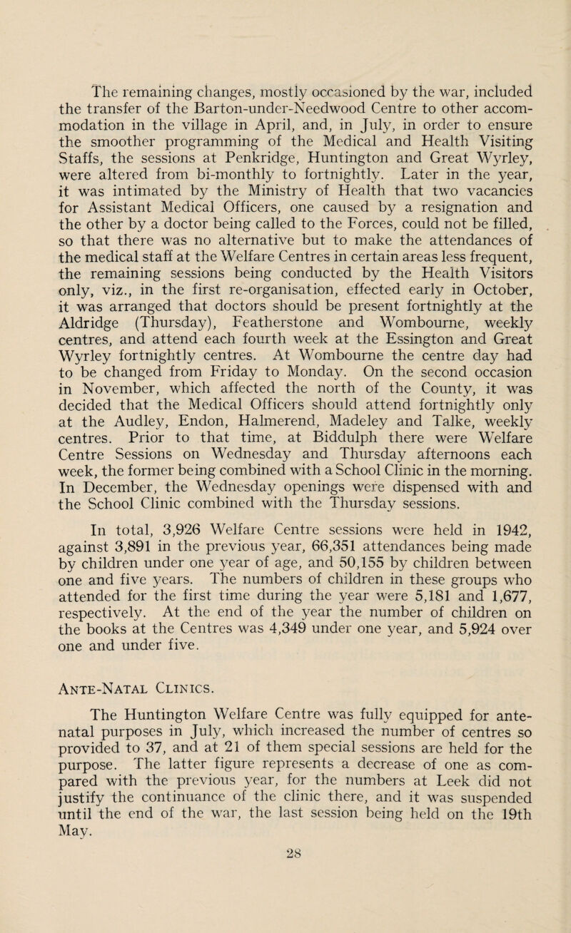 The remaining changes, mostly occasioned by the war, included the transfer of the Barton-under-Needwood Centre to other accom¬ modation in the village in April, and, in July, in order to ensure the smoother programming of the Medical and Health Visiting Staffs, the sessions at Penkridge, Huntington and Great Wyrley, were altered from bi-monthly to fortnightly. Later in the year, it was intimated by the Ministry of Health that two vacancies for Assistant Medical Officers, one caused by a resignation and the other by a doctor being called to the Forces, could not be filled, so that there was no alternative but to make the attendances of the medical staff at the Welfare Centres in certain areas less frequent, the remaining sessions being conducted by the Health Visitors only, viz., in the first re-organisation, effected early in October, it was arranged that doctors should be present fortnightly at the Aldridge (Thursday), Featherstone and Wombourne, weekly centres, and attend each fourth week at the Essington and Great Wyrley fortnightly centres. At Wombourne the centre day had to be changed from Friday to Monday. On the second occasion in November, which affected the north of the County, it was decided that the Medical Officers should attend fortnightly only at the Audley, Endon, Halmerend, Madeley and Talke, weekly centres. Prior to that time, at Biddulph there were Welfare Centre Sessions on Wednesday and Thursday afternoons each week, the former being combined with a School Clinic in the morning. In December, the Wednesday openings were dispensed with and the School Clinic combined with the Thursday sessions. In total, 3,926 Welfare Centre sessions were held in 1942, against 3,891 in the previous year, 66,351 attendances being made by children under one year of age, and 50,155 by children between one and five years. The numbers of children in these groups who attended for the first time during the year were 5,181 and 1,677, respectively. At the end of the year the number of children on the books at the Centres was 4,349 under one year, and 5,924 over one and under five. Ante-Natal Clinics. The Huntington Welfare Centre was fully equipped for ante¬ natal purposes in July, which increased the number of centres so provided to 37, and at 21 of them special sessions are held for the purpose. The latter figure represents a decrease of one as com¬ pared with the previous year, for the numbers at Leek did not justify the continuance of the clinic there, and it was suspended until the end of the war, the last session being held on the 19th May.