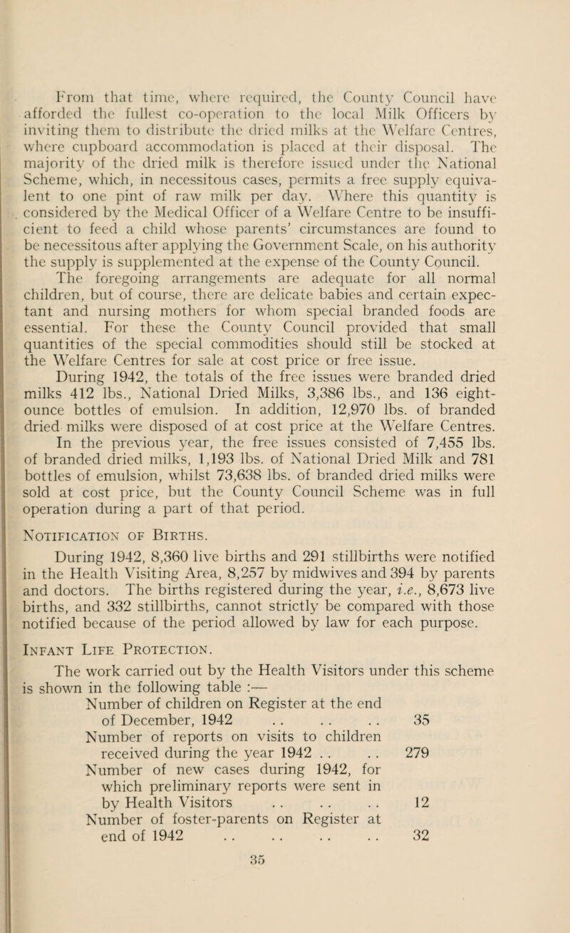 1^'roin that time, where required, the County Council have' afforded the fullest co-operation to the local Milk Officers b}’ inviting them to distribute the dried milks at the M’elfarc Centres, where cupboard accommodation is placed at tlieir disposal. The majority of the dried milk is therefore issued under the National Scheme, which, in necessitous cases, permits a free supply equiva¬ lent to one pint of raw milk per day. Where this quantity is considered by the Medical Officer of a Welfare Centre to be insuffi¬ cient to feed a child whose parents' circumstances are found to be necessitous after applying the Government Scale, on his authority the supply is supplemented at the expense of the County Council. The foregoing arrangements are adequate for all normal children, but of course, there are delicate babies and certain expec¬ tant and nursing mothers for whom special branded foods are essential. For these the County Council provided that small quantities of the special commodities should still be stocked at the Welfare Centres for sale at cost price or free issue. During 1942, the totals of the free issues were branded dried milks 412 lbs.. National Dried Milks, 3,386 lbs., and 136 eight- ounce bottles of emulsion. In addition, 12,970 lbs. of branded dried milks were disposed of at cost price at the Welfare Centres. In the previous year, the free issues consisted of 7,455 lbs. of branded dried milks, 1,193 lbs. of National Dried Milk and 781 bottles of emulsion, whilst 73,638 lbs. of branded dried milks were sold at cost price, but the County Council Scheme was in full operation during a part of that period. Notification of Births. During 1942, 8,360 live births and 291 stillbirths were notified in the Health Visiting Area, 8,257 by midwives and 394 by parents and doctors. The births registered during the year, i.e., 8,673 live births, and 332 stillbirths, cannot strictly be compared with those notified because of the period allowed by law for each purpose. Infant Life Protection. The work carried out by the Health Visitors under this scheme is shown in the following table :— Number of children on Register at the end of December, 1942 . . . . . . 35 Number of reports on visits to children received during the year 1942 . . . . 279 Number of new cases during 1942, for which preliminary reports were sent in by Health Visitors . . . . . . 12 Number of foster-parents on Register at end of 1942 . . .. . . . . 32