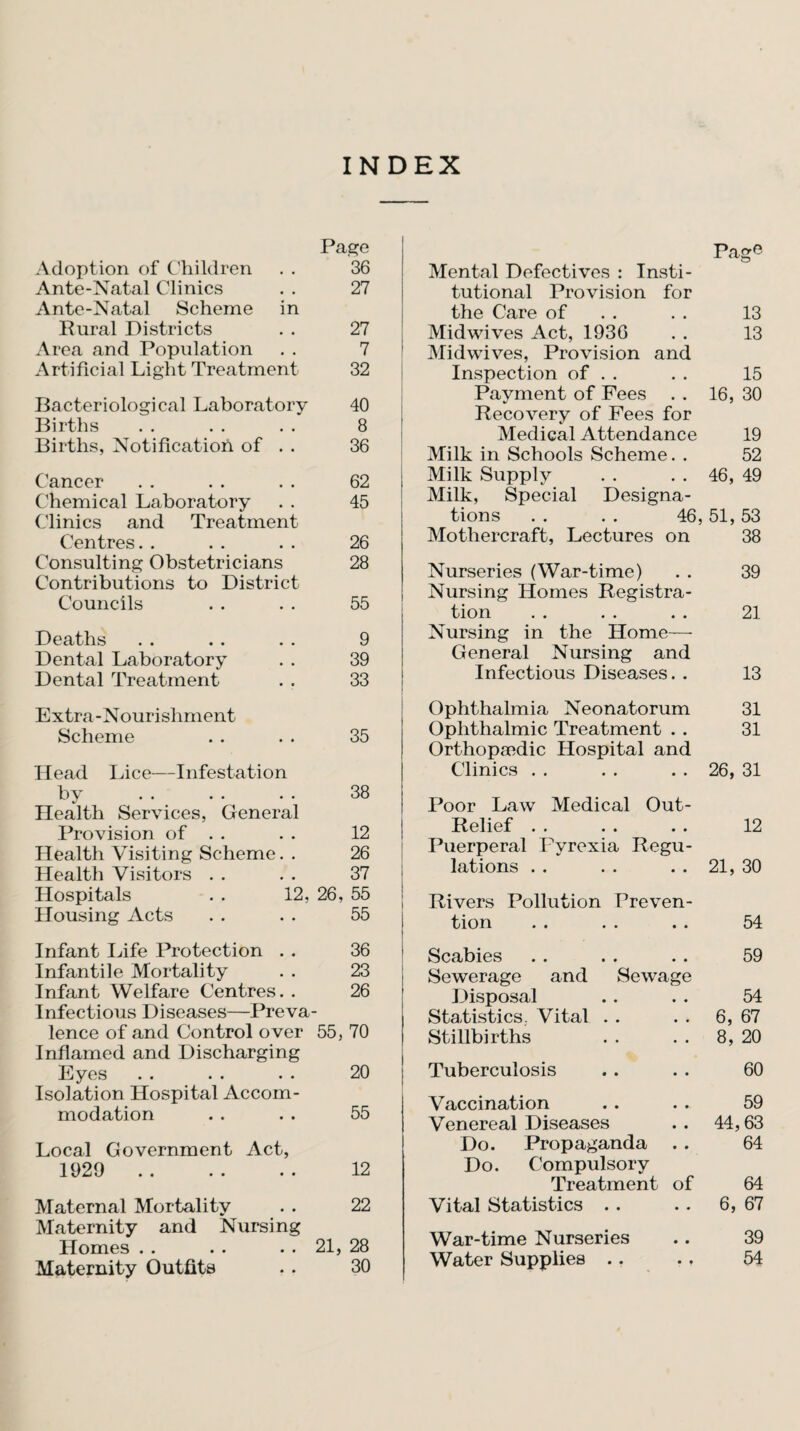 INDEX Pae^e Adoption of C'hildren . . 36 Ante-Natal Clinics . . 27 Ante-Natal Scheme in Rural Districts . . 27 Area and Population . . 7 Artificial Light Treatment 32 Bacteriological Laboratory 40 Births . . . . . . 8 Births, Notification of . . 36 C'ancer . . . . . . 62 C'hemical Laboratory . . 45 (.'linics and Treatment Centres, . . . . . 26 Consulting Obstetricians 28 Contributions to District Councils . . . . 55 Deaths . . . . . . 9 Dental Laboratory . . 39 Dental Treatment . . 33 Extra-Nourishment Scheme . . . . 35 Head I^ice—Infestation by , . . . . . 38 Health Services, General Provision of . . . . 12 Health Visiting Scheme. . 26 Health Visitors . . . . 37 Hospitals . . 12, 26, 55 Housing Acts . . . . 55 Infant Life Protection . . 36 Infantile Mortality . . 23 Infant Welfare Centres. , 26 Infectious Diseases—Preva¬ lence of and Control over 55, 70 Inflamed and Discharging Eyes . . . . . . 20 Isolation Hospital Accom¬ modation . . . . 55 Local Government Act, 1929 . 12 Maternal Mortality . . 22 Maternity and Nursing Homes . . . . . . 21, 28 Maternity Outfits .. 30 Page Mental Defectives : Insti¬ tutional Provision for the Care of 13 Midwives Act, 1936 13 Midwives, Provision and Inspection of . . 15 Payment of Fees 16, 30 Recovery of Fees for Medical Attendance 19 Milk in Schools Scheme. , 52 Milk Supply 46, 49 Milk, Special Designa¬ tions . . . . 46, 51, 53 Mothercraft, Lectures on 38 Nurseries (War-time) 39 Nursing Homes Registra¬ tion 21 Nursing in the Home— General Nursing and Infectious Diseases. . 13 Ophthalmia Neonatorum 31 Ophthalmic Treatment . . 31 Orthopaedic Hospital and Clinics . . 26, 31 Poor Law Medical Out- Relief . . 12 Puerperal Pyrexia Regu¬ lations . . 21, 30 Rivers Pollution Preven¬ tion 54 Scabies 59 Sewerage and Sewage Disposal 54 Statistics,. Vital . . 6, 67 Stillbirths 8, 20 Tuberculosis 60 Vaccination 59 Venereal Diseases 44,63 Do. Propaganda .. 64 Do. Compulsory Treatment of 64 Vital Statistics . . 6, 67 War-time Nurseries 39 Water Supplies .. 54