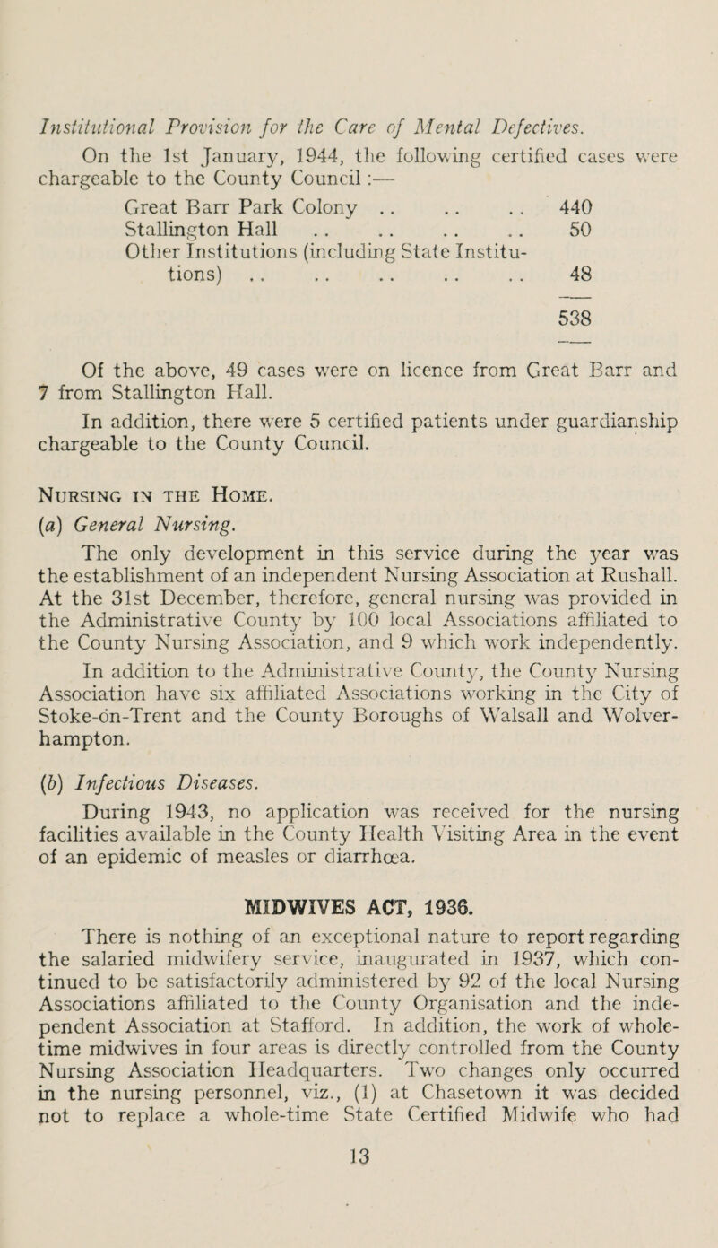 Institutional Provision for the Care of Mental Defectives. On the 1st January, 1944, the following certified cases wxre chargeable to the County Council:— Great Barr Park Colony .. . . . . 440 Stallington Hall .. . . . . .. 50 Other Institutions (including State Institu¬ tions) .. .. .. .. . . 48 538 Of the above, 49 cases w^ere on licence from Great Barr and 7 from Stallington Hall. In addition, there w^ere 5 certified patients under guardianship chargeable to the County Council. Nursing in the Home. (а) General Nursing. The only development in this service during the year w^as the establishment of an independent Nursing Association at Rushall. At the 31st December, therefore, general nursing w^as provided in the Administrative County by 100 local Associations affiliated to the County Nursing Association, and 9 wffiich work independently. In addition to the Administrative County, the County Nursing Association have six affiliated Associations w^orking in the City of Stoke-dn-Trent and the County Boroughs of Walsall and Wolver¬ hampton. (б) Infectious Diseases. During 1943, no application was received for the nursing facilities available in the County Health Visiting Area in the event of an epidemic of measles or diarrhea. MIDWIVES ACT, 1936. There is nothing of an exceptional nature to report regarding the salaried midwifery service, inaugurated in 1937, which con¬ tinued to be satisfactorily administered by 92 of the local Nursing Associations affiliated to the County Organisation and the inde¬ pendent Association at Stafford. In addition, the work of whole¬ time midwives in four areas is directly controlled from the County Nursing Association Headquarters. Two changes only occurred in the nursing personnel, viz., (1) at Chasetown it w'as decided not to replace a whole-time State Certified Midwife who had