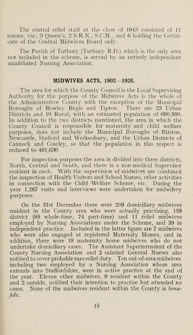 The central relief staff at tlie close of 1943 consisted of 11 nurses, viz., 3 Queen’s, 2 S.R.N., S.C.M ., and 6 holding the Certifi¬ cate of the Central Midwives Board only. The Parish of Tutbury (Tutbury R.D.) which is the only area not included in the scheme, is served by an entirely independent unathliated Nursing Association. MIDWIVES ACTS, 1902—1926. The area for which the County Council is the Local Supervising Authority for the purpose of the Midwives Acts is the whole of the Administrative County with the exception of the Municipal Boroughs of Rowley Regis and Tipton. There are 23 Urban Districts and 10 Rural, with an estimated population of 690,560. In addition to the two districts mentioned, the area in which the County Council is responsible for maternity and child welfare purposes, does not include the Municipal Boroughs of Bilston, Newcastle, Stafford and Wednesbury, and the Urban Districts of Cannock and Coseley, so that the population in this respect is reduced to 461,630. For inspection purposes the area is divided into three districts. North, Central and South, and there is a non-medical Supervisor resident in each. With the supervision of midwives are combined the inspection of Health Visitors and School Nurses, other activities in connection with the Child Welfare Scheme, etc. During the year 1,287 visits and interviews were undertaken for midwifery purposes. On the 31st December there were 209 domiciliary midwives resident in the County area who were actually practising, 159 district (85 whole-time, 74 part-time) and 11 relief midwives employed by Nursing Associations under the Scheme, and 39 in independent practice. Included in the latter figure are 7 midwives who were also engaged at registered Maternity Homes, and in addition, there were 18 maternity home midwives who do not undertake domiciliary cases. The Assistant Superintendent of the County Nursing Association and 2 salaried General Nurses also notified to cover probable rare relief duty. Ten out-of-area midwives including two employed by a Nursing Association whose area extends into Staffordshire, were in active practice at the end of the year. Eleven other midwives, 9 resident within the County and 2 outside, notified their intention to practise but attended no cases. None of the midwives resident within the County is bona- fide.