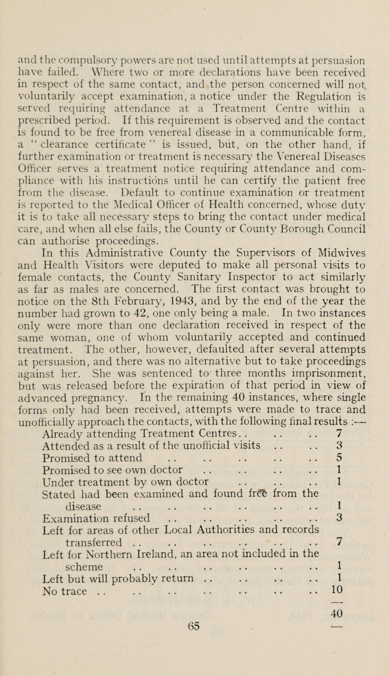 and the compulsory powers are not used until attempts at persuasion have failed. Wdiere two or more declarations have been received in respect of the same contact, and the person concerned will not voluntarily accept examination, a notice under the Regulation is served requiring attendance at a Treatment Centre within a prescribed period. If this requirement is observed and the contact is found to be free from venereal disease in a communicable form, a “ clearance certificate is issued, but, on the other hand, if further examination or treatment is necessary the Venereal Diseases Officer serves a treatment notice requiring attendance and com¬ pliance with his instructions until he can certify the patient free from the disease. Default to continue examination or treatment is reported to the Medical Officer of Health concerned, whose duty it is to take all necessary steps to bring the contact under medical care, and when all else fails, the County or County Borough Council can authorise proceedings. In this Administrative County the Supervisors of Midwives and Health Visitors were deputed to make all personal visits to female contacts, the County Sanitary Inspector to act similarly as far as males are concerned. The first contact was brought to notice on the 8th February, 1943, and by the end of the year the number had grown to 42, one only being a male. In two instances only were more than one declaration received in respect of the same woman, one of whom voluntarily accepted and continued treatment. The other, however, defaulted after several attempts at persuasion, and there was no alternative but to take proceedings against her. She was sentenced to three months imprisonment, but was released before the expiration of that period in view of advanced pregnancy. In the remaining 40 instances, where single forms only had been received, attempts were made to trace and unofficially approach the contacts, with the following final results :— Already attending Treatment Centres. . . . .. 7 Attended as a result of the unofficial visits .. .. 3 Promised to attend . . .. .. .. .. 5 Promised to see own doctor .. . . .. .. 1 Under treatment by own doctor .. . . .. 1 Stated had been examined and found fr^ from the disease .. .. .. • • . • . • 1 Examination refused . . .. . . .. .. 3 Left for areas of other Local Authorities and records transferred . . . . . . . . . . . • 7 Left for Northern Ireland, an area not included in the scheme . . . . . . . • .. .. 1 Left but will probably return . . .. .. .. 1 No trace .. .. . • • • • • • • .. 10 40