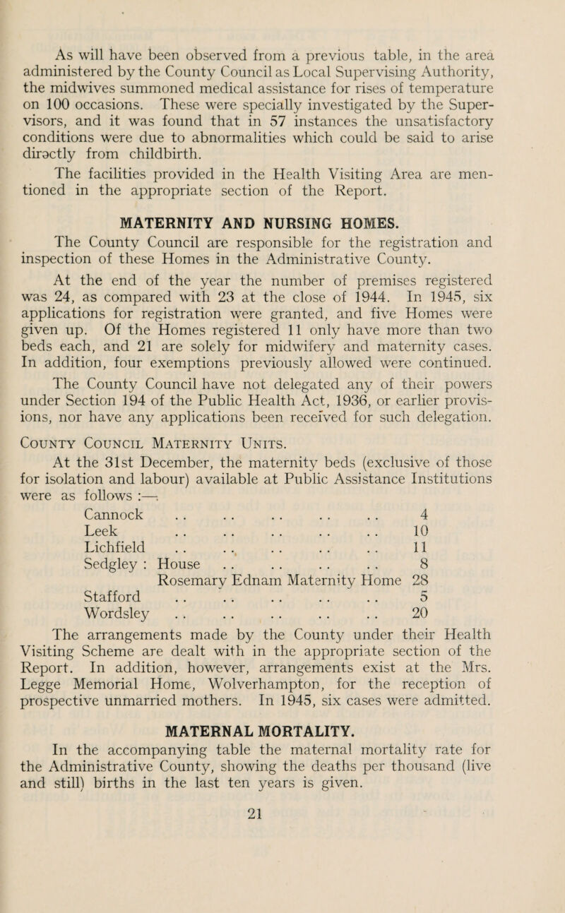 As will have been observed from a previous table, in the area administered by the County Council as Local Supervising Authority, the midwives summoned medical assistance for rises of temperature on 100 occasions. These were specially investigated by the Super¬ visors, and it was found that in 57 instances the unsatisfactory conditions were due to abnormalities which could be said to arise diroctly from childbirth. The facilities provided in the Health Visiting Area are men¬ tioned in the appropriate section of the Report. MATERNITY AND NURSING HOMES. The County Council are responsible for the registration and inspection of these Homes in the Administrative County. At the end of the year the number of premises registered was 24, as compared with 23 at the close of 1944. In 1945, six applications for registration were granted, and five Homes were given up. Of the Homes registered 11 only have more than two beds each, and 21 are solely for midwifery and maternity cases. In addition, four exemptions previously allowed were continued. The County Council have not delegated any of their powers under Section 194 of the Public Health Act, 1936, or earlier provis¬ ions, nor have any applications been received for such delegation. County Council Maternity Units. At the 31st December, the maternity beds (exclusive of those for isolation and labour) available at Public Assistance Institutions were as follows :—■. Cannock l-^ ^^c Ic .. .. .. .. .. Lichfield I Sedgley : House Rosemary Ednam Maternity Home Stafford Wordsley 4 10 11 8 28 5 20 The arrangements made by the County under their Health Visiting Scheme are dealt with in the appropriate section of the Report. In addition, however, arrangements exist at the Mrs. Legge Memorial Home, Wolverhampton, for the reception of prospective unmarried mothers. In 1945, six cases were admitted. MATERNAL MORTALITY. In the accompanying table the maternal mortality rate for the Administrative County, showing the deaths per thousand (live and still) births in the last ten years is given.