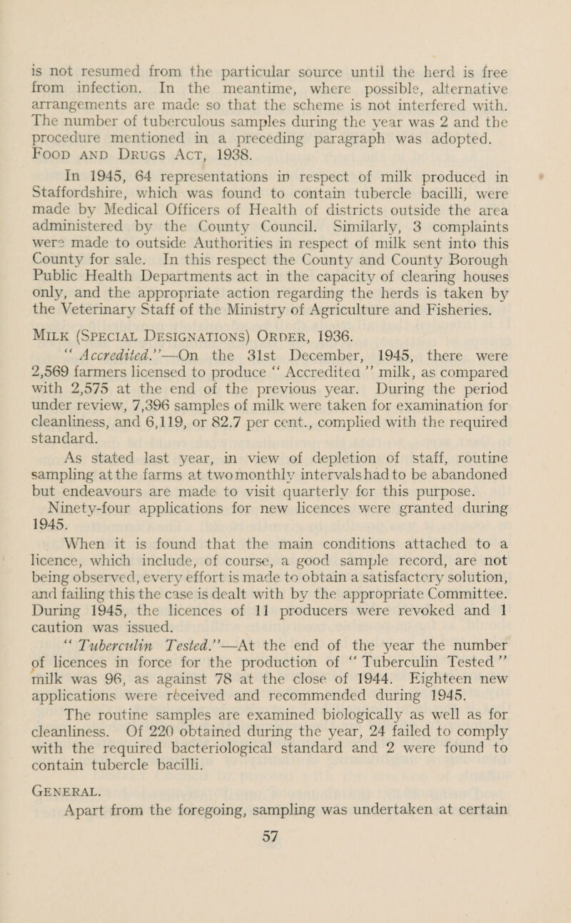 is not resumed from the particular source until the herd is free from infection. In the meantime, where possible, alternative arrangements are made so that the scheme is not interfered with. The number of tuberculous samples during the year was 2 and the procedure mentioned in a preceding paragraph was adopted. Food and Drugs Act, 1938. In 1945, 64 representations in respect of milk produced in Staffordshire, which was found to contain tubercle bacilli, were made by Medical Officers of Health of districts outside the area administered by the County Council. Similarly, 3 complaints were made to outside Authorities in respect of milk sent into this Count}^ for sale. In this respect the County and County Borough Public Health Departments act in the capacity of clearing houses only, and the appropriate action regarding the herds is taken by the Veterinary Staff of the Ministry of Agriculture and Fisheries. Milk (Special Designations) Order, 1936. Accredited.’'—On the 31st December, 1945, there were 2,569 farmers licensed to produce “ Accreditea milk, as compared with 2,575 at the end of the previous year. During the period under review, 7,396 samples of milk were taken for examination for cleanliness, and 6,119, or 82.7 per cent., complied with the required standard. As stated last year, in view of depletion of staff, routine sampling at the farms ad two monthly intervals had to be abandoned but endeavours are made to visit quarterly for this purpose. Ninety-four applications for new licences were granted during 1945. When it is found that the main conditions attached to a licence, which include, of course, a good sample record, are not being observed, every effort is made to obtain a satisfactory solution, and failing this the case is dealt with by the appropriate Committee. During 1945, the licences of 11 producers were revoked and 1 caution was issued. “ Tuherciilin Tested.”—At the end of the year the number of licences in force for the production of  Tuberculin Tested ” milk was 96, as against 78 at the close of 1944. Eighteen new applications were received and recommended during 1945, The routine samples are examined biologically as well as for cleanliness. Of 220 obtained during the year, 24 failed to comply with the required bacteriological standard and 2 v/ere found to contain tubercle bacilli. General. Apart from the foregoing, sampling was undertaken at certain