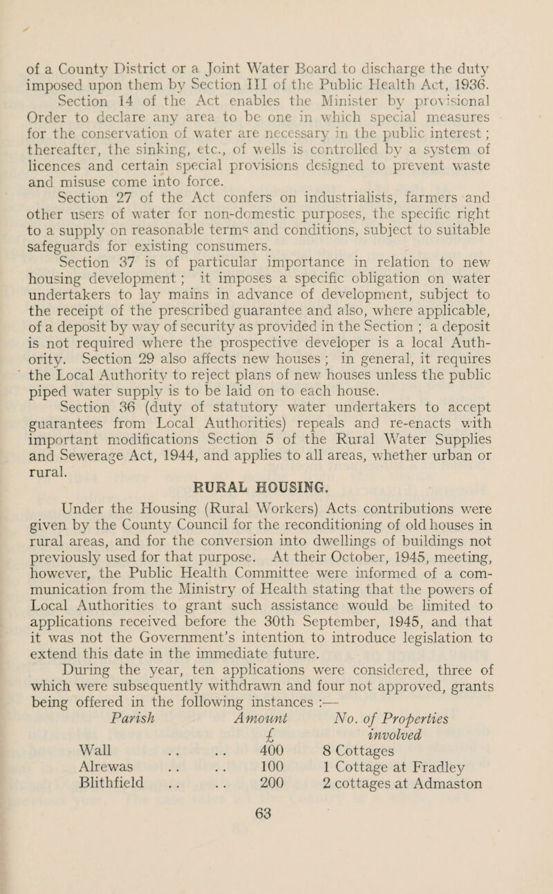 of a County District or a Joint Water Board to discharge the duty imposed upon them by Section III of the Public Health Act, 1936. Section 14 of the Act enables the Minister by provisional Order to declare any area to be one in which specia.l measures for the conservation of water are necessary in the public interest; thereafter, the sinking, etc., of wells is controlled by a system of licences and certain special provisions designed to prevent waste and misuse comie into force. Section 27 of the Act confers on industrialists, farmers and other users of water for non-domiestic purposes, the specific right to a supply on reasonable terms and conditions, subject to suitable safeguards for existing consumers. Section 37 is of particular im-portance in relation to new housing development; it imposes a specific obligation on w^ater undertakers to lay mains in advance of development, subject to the receipt of the prescribed guarantee and also, where applicable, of a deposit by way of security as provided in the Section ; a deposit is not required where the prospective developer is a local Auth¬ ority. Section 29 also affects new houses ; in general, it requires the Local Authority to reject plans of new houses unless the public piped water supply is to be laid on to each house. Section 36 (duty of statutory water undertakers to accept guarantees from Local Amthorities) repeals and re-enacts with important modifications Section 5 of the Rural Water Supplies and Sewerage Act, 1944, and applies to all areas, whether urban or rural RURAL HOUSING. Under the Housing (Rural Workers) Acts contributions were given by the County Council for the reconditioning of old houses in rural areas, and for the conversion into dwellings of buildings not previously used for that purpose. At their October, 1945, meeting, however, the Public Health Committee were informed of a com¬ munication from the Ministry of Health stating that the powers of Local Authorities to grant such assistance would be limited to applications received before the 30th September, 1945, and that it was not the Government’s intention to introduce legislation to extend this date in the immediate future. During the year, ten applications w'ere considered, three of which were subsequently withdrawn and four not approved, grants being offered in the following instances :— Parish Amotmt No. of Properties £ involved Wall 400 8 Cottages Alrewas 100 1 Cottage at Fradley Blithfield 200 2 cottages at Admaston