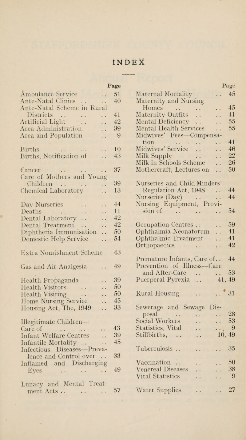 INDEX Page l^^ag’e Ambulance Service 51 Maternal Mortality 45 Ante-Natal Clinics . . 40 Maternity and Nursing Ante-Natal Scheme in Rural Homes 45 Districts 41 Maternity Outfits 41 Artificial Light 42 Mental Deficiency . . 55 Area Administration 39 Mental Health Services 55 Area and Population 9 Midwives’ Fees—Compensa¬ tion . . ... 41 Births 10 Midwives’ Service 46 Births, Notification of 43 Milk Supply 22 iVIilk in Schools Scheme 26 Cancer 37 Mothercraft, Lectures on . . 50 Care of Mothers and Young Children 39 Nurseries and Child Minders’ Chemical Laboratory 13 Regulation Act, 1948 44 Nurseries (Day) 44 Day Nurseries 44 Nursing Equipment, Provi¬ Deaths 11 sion of 54 Dental Laboratory . . 42 Dental Treatment . . 42 Occupation Centres . . 59 Diphtheria Immunisation . . 50 Ophthalmia Neonatorum . . 41 Domestic Help Service 54 Ophthalmic Treatment 41 Orthopaedics 42 Extra Nourishment Scheme 43 Premature Infants, Care of. . 44 Gas and Air x\nalgesia 49 Prevention of Illness—Care and After-Care 53 Health Propaganda 39 Puerperal Pyrexia . . 41, 49 Health Visitors 50 Health Visiting 50 Rural Housing • 31 Home Nursing Service 45 Housing Act, The, 1949 33 Sewerage and Sewage Dis¬ posal 28 Illegitimate Children— Social Workers 53 Care of 43 Statistics, Vital . 9 Infant Welfare Centres 39 Stillbirths, . . . . 10, 49 Infantile Mortality . . 45 Infectious Diseases—Preva¬ Tuberculosis . . 35 lence and Control over . . 33 Inflamed and Discharging Vaccination . . 50 Eyes 49 Venereal Diseases 38 Vital Statistics 9 Lunacy and Mental Treat¬ ment Acts . . 57 Water Supplies 27