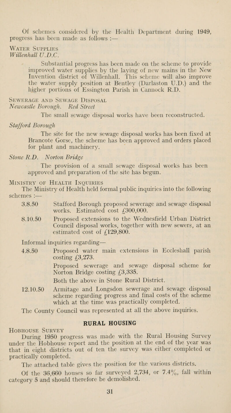 Of schemes considered by the Health Department during 1949, progress has been made as follows :— Water Supplies Willenhall U.D.C. Substantial progress has been made on the scheme to provide improved water supplies by the laying of new mains in the New Invention distriet of Willenhall. This scheme will also improve the water supply position at Bentley (Darlaston U.D.) and the higher portions of Essington Parish in Cannock R.D. Sewerage and Sewage Disposal Newcastle Borough. Red Street The small sewage disposal works have been reconstructed. Stafford Borough The site for the new sewage disposal works has been fixed at Brancote Gorse, the scheme has been approved and orders placed for plant and machinery. Stone R.D. Norton Bridge The provision of a small sewage disposal works has been approved and preparation of the site has begun. Ministry of Health Inquiries The Ministry of Health held formal public inquiries into the following schemes :— 3.8.50 Stafford Borough proposed sewerage and sewage disposal works. Estimated cost £300,000. 8.10.50 Proposed extensions to the Wednesfield Urban District Council disposal works, together with new sewers, at an estimated cost of £129,800. Informal inquiries regarding— 4.8.50 Proposed water main extensions in Eccleshall parish costing £3,273. Proposed sewerage and sewage disposal seheme for Norton Bridge costing £3,335. Both the above in Stone Rural District. 12.10.50 Armitage and Longsdon sewerage and sewage disposal scheme regarding progress and final costs of the scheme which at the time was practically completed. The County Council was represented at all the above inquiries. RURAL HOUSING Hobhouse Survey During 1950 progress was made with the Rural Housing Survey under the Hobhouse report and the position at the end of the year was that in eight districts out of ten the survey was either completed or practically completed. Tlie attached tabk' gives the position for the various districts. Of the 36,660 houses so far surveyed 2,734, or 7.4%, fall within category 5 and should therefore be demolished.