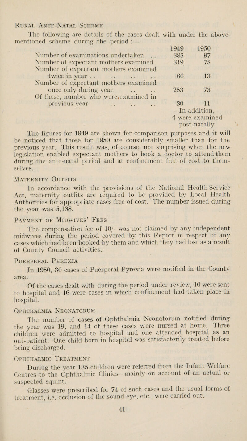 Rural Ante-Natal Scheme The following are details of the cases dealt with under the above- mentioned scheme during the period :— 1949 1950 Number of examinations undertaken . . 385 97 Number of expectant mothers examined Number of expectant mothers examined 319 75 twice in year . . Number of expectant mothers examined 66 13 once only during year Of these, number who were,examined in 253 73 previous year 30 11 In addition. 4 were examined post-natally The figures for 1949 are shown for comparison purposes and it will be noticed that those for 1950 are considerably smaller than for the previous year. This result was, of course, not surprising when the new legislation enabled expectant mothers to book a doctor to attend them during the ante-natal period and at confinement free of cost to them¬ selves. Maternity Outfits In accordance with the provisions of the National Health Service Act, maternity outfits are required to be provided by Local Health Authorities for appropriate cases free of cost. The number issued during the year was 5,138. Payment of Midwives’ Fees The compensation fee of 10/- was not claimed by any independent midwives during the period covered by this Report in respect of any cases which had been booked by them and which they had lost as a result of County Council activities. Puerperal Pyrexia In 1950, 30 cases of Puerperal Pyrexia were notified in the County area. Of the cases dealt with during the period under review, 10 were sent to hospital and 16 were cases in which confinement had taken place in hospital. Ophthalmia Neonatorum The number of cases of Ophthalmia Neonatorum notified during the year was 19, and 14 of these cases were nursed at home. Three children were admitted to hospital and one attended hospital as an out-patient. One child born in hospital was satisfactorily treated before being discharged. Ophthalmic Treatment During the year 135 children were referred from the Infant Welfare Centres to the Ophthalmic Clinics—mainly on account of an actual or suspected squint. Glasses were prescribed for 74 of such cases and the usual forms of treatment, i.e. occlusion of the sound eye, etc., were carried out.