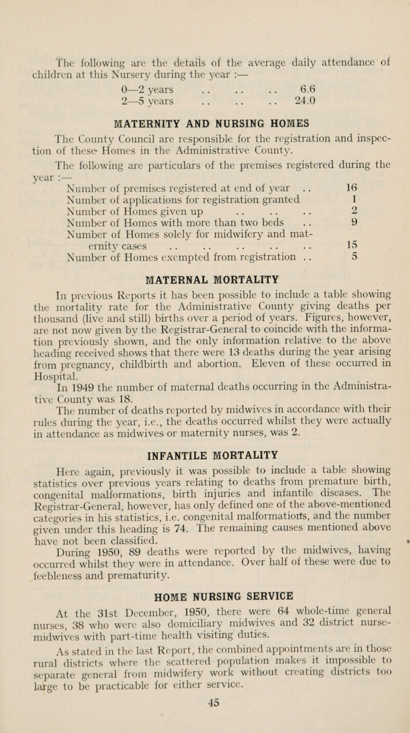 The following are the details of the average daily attendance of children at this Nursery during the year :— 0—2 years . . . . .. 6.6 2—5 years . . . . . . 24.0 MATERNITY AND NURSING HOMES The County Council are responsible for the registration and inspec¬ tion of these Homes in the Administrative County. The following are particulars of the premises registered during the year Number of premises registered at end of year . . 16 Number of applications for registration granted 1 Number of Homes given up . . . . . . 2 Number of Homes with more than two beds . . 9 Number of Homes solely for midwifery and mat¬ ernity cases .. . . . . .. .. 15 Number of Homes exempted from registration . . 5 MATERNAL MORTALITY In previous Reports it has been possible to include a table showing the mortality rate for the Administrative County giving deaths per thousand (live and still) births over a period of years. Figures, however, are not now given by the Registrar-General to coincide with the informa¬ tion previously shown, and the only information relative to the above heading received shows that there were 13 deaths during the year arising from pregnancy, childbirth and abortion. Eleven of these occurred in Hospital. In 1949 the number of maternal deaths occurring in the Administra¬ tive County was 18. The number of deaths reported by midwives in accordance with their rules during the year, i.e., the deaths occurred whilst they were actually in attendance as midwives or maternity nurses, was 2. INFANTILE MORTALITY Here again, previously it was possible to include a table showing statistics over previous years relating to deaths from premature birth, congenital malformations, birth injuries and infantile diseases. The Registrar-General, however, has only defined one of the above-mentioned categories in his statistics, i.e. congenital malformatiorfs, and the number given under this heading is 74. The remaining causes mentioned above have not been classified. During 1950, 89 deaths were reported by the midwives, having occurred whilst they were in attendance. Over half of these were due to feebleness and prematurity. HOME NURSING SERVICE At the 31st December, 1950, there were 64 whole-time general nurses, 38 who were also domiciliary midwives and 32 district nurse- midwives with part-time health visiting duties. As stated in the last Report, the combined appointments are in those rural districts where the scattered population makes it impossible to separate general frojn midwifery woik without creating districts too large to be practicable lor either service.