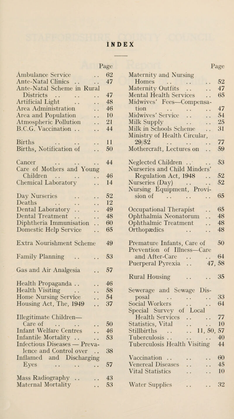 INDEX Page Page Ambulance Service 62 Maternity and Nursing Ante-Natal Clinics .. 47 Homes 52 Ante-Natal Scheme in Rural Maternity Outfits 47 Districts 47 Mental Health Services 65 Artificial Light « • 48 Midwives’ Fees—Compensa¬ Area Administration • • 46 tion 47 Area and Population • * 10 Midwives' Service 54 Atmospheric Pollution • « 21 Milk Supply 25 B.C.G. Vaccination .. • • 44 Milk in Schools Scheme Ministry of Health Circular, 31 Births • • 11 29/52 . 77 Births, Notification of • • 50 Mothercraft, Lectures on . . 59 Cancer • • 44 Neglected Children . 53 Care of Mothers and Young Nurseries and Child Minders’ Children • • 46 Regulation Act, 1948 52 Chemical Laboratory « • 14 Nurseries (Day) Nursing Equipment, Provi¬ 52 Day Nurseries • • 52 sion of 65 Deaths • • 12 Dental Laboratory . . • • 49 Occupational Therapist 65 Dental Treatment . . 48 Ophthalmia Neonatorum .. 48 Diphtheria Immunisation 60 Ophthalmic Treatment 48 Domestic Help Service • • 65 Orthopaedics 48 Extra Nourishment Scheme 49 Premature Infants, Care of 50 Prevention of Illness—Care Family Planning • • 53 and After-Care 64 Puerperal Pyrexia .. 47, 58 Gas and Air Analgesia • * 57 Rural Housing 35 Health Propaganda .. • • 46 Health Visiting * • 58 Sewerage and Sewage Dis¬ Home Nursing Service « • 54 posal 33 Housing Act, The, 1949 « • 37 Social Workers Special Survey of Local 64 Illegitimate Children— Health Services . . 77 Care of « • 50 Statistics, Vital 10 Infant Welfare Centres • • 46 Stillbirths .. .. 11,50, 57 Infantile Mortality .. • • 53 Tuberculosis .. 40 Infectious Diseases — Preva- Tuberculosis Health Visiting 44 lence and Control over C • 38 Inflamed and Discharging Vaccination . . 60 Eyes • • 57 Venereal Diseases 45 Vital Statistics 10 Mass Radiography . . • • 43 Maternal Mortality • • 53 Water Supplies 32