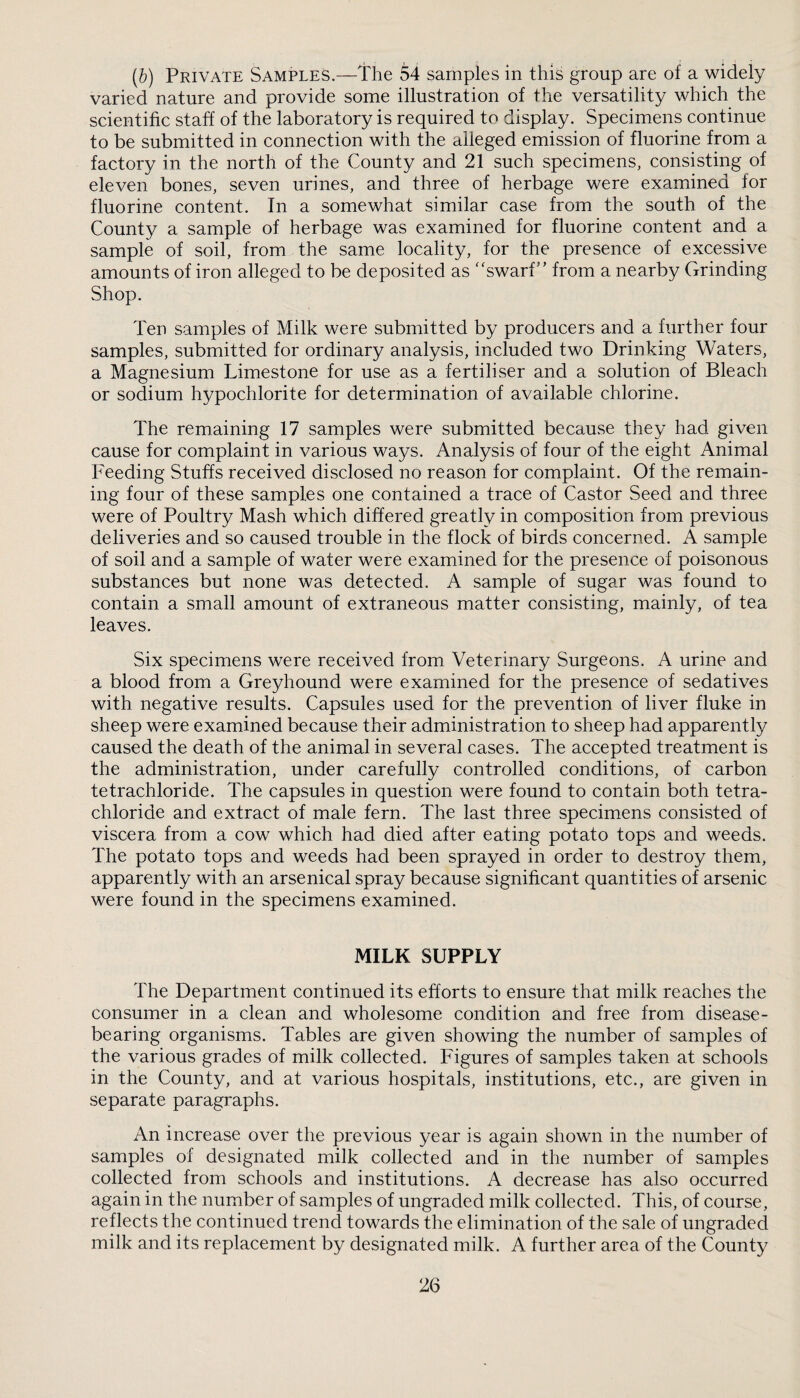 {b) Private Samples.—The 54 samples in this group are of a widely varied nature and provide some illustration of the versatility which the scientific staff of the laboratory is required to display. Specimens continue to be submitted in connection with the alleged emission of fluorine from a factory in the north of the County and 21 such specimens, consisting of eleven bones, seven urines, and three of herbage were examined for fluorine content. In a somewhat similar case from the south of the County a sample of herbage was examined for fluorine content and a sample of soil, from the same locality, for the presence of excessive amounts of iron alleged to be deposited as “swarf” from a nearby Grinding Shop. Ten samples of Milk were submitted by producers and a further four samples, submitted for ordinary analysis, included two Drinking Waters, a Magnesium Limestone for use as a fertiliser and a solution of Bleach or sodium hypochlorite for determination of available chlorine. The remaining 17 samples were submitted because they had given cause for complaint in various ways. Analysis of four of the eight Animal Feeding Stuffs received disclosed no reason for complaint. Of the remain¬ ing four of these samples one contained a trace of Castor Seed and three were of Poultry Mash which differed greatly in composition from previous deliveries and so caused trouble in the flock of birds concerned. A sample of soil and a sample of water were examined for the presence of poisonous substances but none was detected. A sample of sugar was found to contain a small amount of extraneous matter consisting, mainly, of tea leaves. Six specimens were received from Veterinary Surgeons. A urine and a blood from a Greyhound were examined for the presence of sedatives with negative results. Capsules used for the prevention of liver fluke in sheep were examined because their administration to sheep had apparently caused the death of the animal in several cases. The accepted treatment is the administration, under carefully controlled conditions, of carbon tetrachloride. The capsules in question were found to contain both tetra¬ chloride and extract of male fern. The last three specimens consisted of viscera from a cow which had died after eating potato tops and weeds. The potato tops and weeds had been sprayed in order to destroy them, apparently with an arsenical spray because significant quantities of arsenic were found in the specimens examined. MILK SUPPLY The Department continued its efforts to ensure that milk reaches the consumer in a clean and wholesome condition and free from disease- bearing organisms. Tables are given showing the number of samples of the various grades of milk collected. Figures of samples taken at schools in the County, and at various hospitals, institutions, etc., are given in separate paragraphs. An increase over the previous year is again shown in the number of samples of designated milk collected and in the number of samples collected from schools and institutions. A decrease has also occurred again in the number of samples of ungraded milk collected. This, of course, reflects the continued trend towards the elimination of the sale of ungraded milk and its replacement by designated milk. A further area of the County