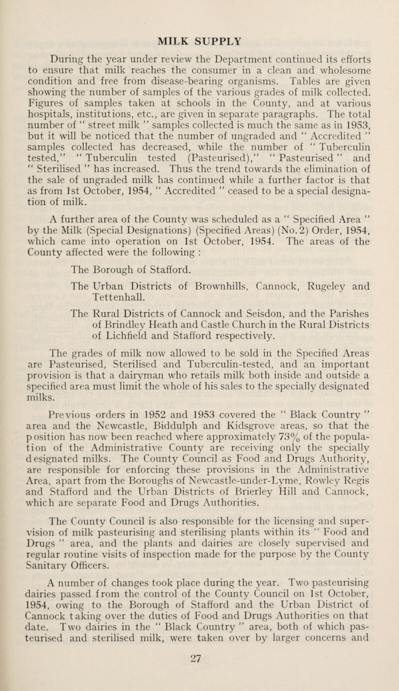 MILK SUPPLY During the year under review the Department continued its efforts to ensure that milk reaches the consumer in a clean and wholesome condition and free from disease-bearing organisms. Tables are given showing the number of samples of the various grades of milk collected. Figures of samples taken at schools in the County, and at various hospitals, institutions, etc., are given in separate paragraphs. The total number of  street milk ” samples collected is much the same as in 1953, but it will be noticed that the number of ungraded and “ Accredited  samples collected has decreased, while the number of  Tuberculin tested,” “ Tuberculin tested (Pasteurised),” ” Pasteurised ” and “ Sterilised ” has increased. Thus the trend towards the elimination of the sale of ungraded milk has continued while a further factor is that as from 1st October, 1954,  Accredited ” ceased to be a special designa¬ tion of milk. A further area of the County was scheduled as a  Specified Area ” by the Milk (Special Designations) (Specified Areas) (No. 2) Order, 1954, which came into operation on 1st October, 1954. The areas of the County affected were the following : The Borough of Stafford. The Urban Districts of Brownhills, Cannock, Rugeley and Tettenhall. The Rural Districts of Cannock and Seisdon, and the Parishes of Brindley Heath and Castle Church in the Rural Districts of Lichfield and Stafford respectively. The grades of milk now allowed to be sold in the Specified Areas are Pasteurised, Sterilised and Tuberculin-tested, and an important provision is that a dairyman who retails milk both inside and outside a specified area must limit the whole of his sales to the specially designated milks. Previous orders in 1952 and 1953 covered the  Black Country ” area and the Newcastle, Biddulph and Kidsgrove areas, so that the position has now been reached where approximately 73% of the popula¬ tion of the Administrative County are receiving only the specially designated milks. The County Council as Food and Drugs Authority, are responsible for enforcing these provisions in the Administrative Area, apart from the Boroughs of Newcastle-under-Lyme, Rowley Regis and Stafford and the Urban Districts of Brierley Hill and Cannock, which are separate Food and Drugs Authorities. The County Council is also responsible for the licensing and super¬ vision of milk pasteurising and sterilising plants within its ” Food and Drugs ” area, and the plants and dairies are closely supervised and regular routine visits of inspection made for the purpose by the County Sanitary Officers. A number of changes took place during the year. Two pasteurising dairies passed from the control of the County Council on 1st October, 1954, owing to the Borough of Stafford and the Urban District of Cannock taking over the duties of Food and Drugs Authorities on that date. Two dairies in the ” Black Country ” area, both of which pas¬ teurised and sterilised milk, were taken over by larger concerns and