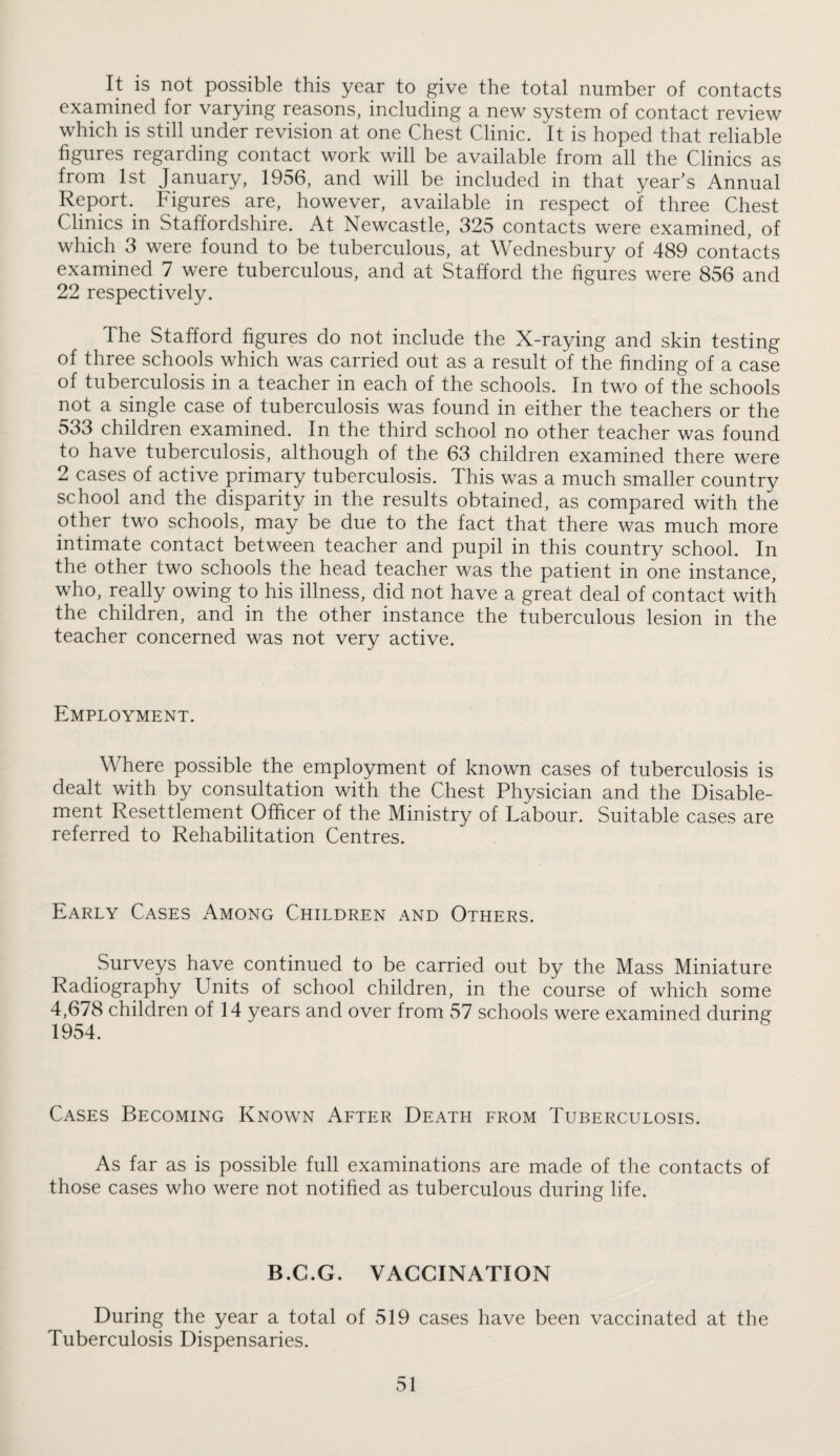 It is not possible this year to give the total number of contacts examined for varying reasons, including a new system of contact review which is still under revision at one Chest Clinic. It is hoped that reliable figures regarding contact work will be available from all the Clinics as from 1st January, 1956, and will be included in that year’s Annual Report. Figures are, however, available in respect of three Chest Clinics in Staffordshire. At Newcastle, 325 contacts were examined, of which 3 were found to be tuberculous, at Wednesbury of 489 contacts examined 7 were tuberculous, and at Stafford the figures were 856 and 22 respectively. The Stafford figures do not include the X-raying and skin testing of three schools which was carried out as a result of the finding of a case of tuberculosis in a teacher in each of the schools. In two of the schools not a single case of tuberculosis was found in either the teachers or the 533 children examined. In the third school no other teacher was found to have tuberculosis, although of the 63 children examined there were 2 cases of active primary tuberculosis. This was a much smaller country school and the disparity in the results obtained, as compared with the other two schools, may be due to the fact that there was much more intimate contact between teacher and pupil in this country school. In the other two schools the head teacher was the patient in one instance, who, really owing to his illness, did not have a great deal of contact with the children, and in the other instance the tuberculous lesion in the teacher concerned was not very active. Employment. Where possible the employment of known cases of tuberculosis is dealt with by consultation with the Chest Physician and the Disable¬ ment Resettlement Officer of the Ministry of Labour. Suitable cases are referred to Rehabilitation Centres. Early Cases Among Children and Others. Surveys have continued to be carried out by the Mass Miniature Radiography Units of school children, in the course of which some 4,678 children of 14 years and over from 57 schools were examined during 1954. Cases Becoming Known After Death from Tuberculosis. As far as is possible full examinations are made of the contacts of those cases who were not notified as tuberculous during life. B.C.G. VACCINATION During the year a total of 519 cases have been vaccinated at the Tuberculosis Dispensaries.