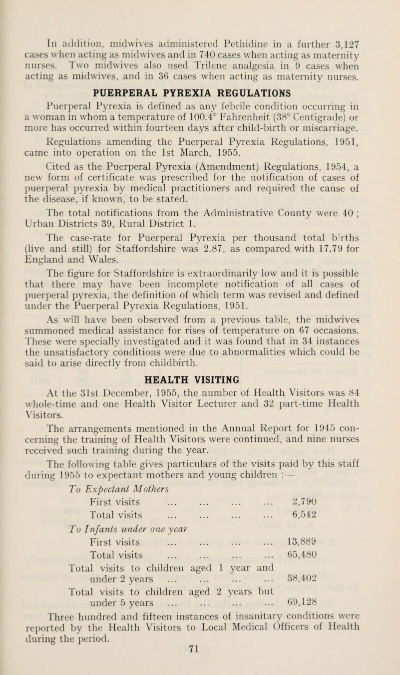 In addition, midwives administered Pethidine in a further 3,127 cases when acting as midwives and in 740 cases when acting as maternity nurses. Two mid wives also used Trilene analgesia in 9 cases when acting as midwives, and in 36 cases when acting as maternity nurses. PUERPERAL PYREXIA REGULATIONS Puerperal Pyrexia is defined as any febrile condition occurring in a \\’oman in whom a temperature of 100.4° Fahrenheit (38° Centigrade) or more has occurred within fourteen days after child-birth or miscarriage. Regulations amending the Puerperal Pyrexia Regulations, 1951, came into operation on the 1st March, 1955. Cited as the Puerperal Pyrexia (Amendment) Regulations, 1954, a new form of certificate was prescribed for the notification of cases of puerperal pyrexia by medical practitioners and required the cause of the disease, if known, to be stated. The total notifications from the Administrative County were 40 ; Urban Districts 39, Rural District 1. The case-rate for Puerperal Pyrexia per thousand total births (live and still) for Staffordshire was 2.87, as compared with 17.79 for England and Wales. The figure for Staffordshire is extraordinarily low and it is possible that there may have been incomplete notification of all cases of puerperal pyrexia, the definition of which term was revised and defined under the Puerperal Pyrexia Regulations, 1951. As will have been observed from a previous table, the midwives summoned medical assistance for rises of temperature on 67 occasions. These were specially investigated and it was found that in 34 instances the unsatisfactory conditions were due to abnormalities which could be said to arise directly from childbirth. HEALTH VISITING At the 31st December, 1955, the number of Health Visitors was 84 whole-time and one Health Visitor Lecturer and 32 part-time Health Visitors. The arrangements mentioned in the Annual Report for 1945 con¬ cerning the training of Health Visitors were continued, and nine nurses received such training during the year. The following table gives particulars of the visits paid by this staff during 1955 to expectant mothers and young children :— To Expectant Mothers First visits . . . . . . 2,790 Total visits . . . . . . 6,542 To Infants under one year First visits . . , 13,889 Total visits • . » 65,480 Total visits to children aged 1 under 2 years year and 38,402 Total visits to children aged 2 under 5 years years but 69,128 ;e hundred and fifteen instances of insanitary conditions were reported by the Health Visitors to Local Medical Officers of Health during the period.