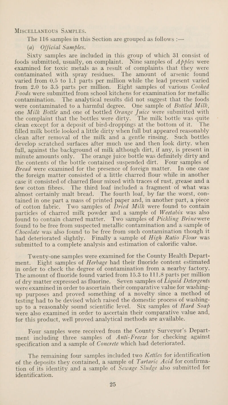 Miscellaneous Samples. The 116 samples in this Section are grouped as follows :— (a) Official Samples. Sixty samples are included in this group of which 31 consist of foods submitted, usually, on complaint. Nine samples of Apples were examined for toxic metals as a result of complaints that they were contaminated with spray residues. The amount of arsenic found varied from 0.5 to 1.1 parts per million while the lead present varied from 2.0 to 3.5 parts per million. Eight samples of various Cooked Foods were submitted from school kitchens for examination for metallic contamination. The analytical results did not suggest that the foods were contaminated to a harmful degree. One sample of Bottled Milk, one Milk Bottle and one of bottled Orange Juice were submitted with the complaint that the bottles were dirty. The milk bottle was quite clean except for a deposit of bird-droppings at the bottom of it. The filled milk bottle looked a little dirty when full but appeared reasonably clean after removal of the milk and a gentle rinsing. Such bottles develop scratched surfaces after much use and then look dirty, when full, against the background of milk although dirt, if any, is present in minute amounts only. The orange juice bottle was definitely dirty and the contents of the bottle contained suspended dirt. Four samples of Bread were examined for the presence of foreign matter. In one case the foreign matter consisted of a little charred flour while in another case it consisted of charred flour mixed with traces of rust, grease and a few cotton fibres. The third loaf included a fragment of what was almost certainly malt bread. The fourth loaf, by far the worst, con¬ tained in one part a mass of printed paper and, in another part, a piece of cotton fabric. Two samples of Dried Milk were found to contain particles of charred milk powder and a sample of Weetahix was also found to contain charred matter. Two samples of Pickling Brine were found to be free from suspected metallic contamination and a sample of Chocolate was also found to be free from such contamination though it had deteriorated slightly. Finally a sample of High Ratio Flour was submitted to a complete analysis and estimation of calorific value. Twenty-one samples were examined for the County Health Depart¬ ment. Eight samples of Herbage had their fluoride content estimated in order to check the degree of contamination from a nearby factory. The amount of fluoride found varied from 15.3 to 11 1 .8 parts per million of dry matter expressed as fluorine. Seven samples of Liquid Detergents were examined in order to ascertain their comparative value for washing- up purposes and proved something of a novelty since a method of testing had to be devised which raised the domestic process of washing- up to a reasonably sound scientific level. Six samples of Hard Soap were also examined in order to ascertain their comparative value and, for this product, well proved analytical methods are available. Four samples were received from the County Surveyor’s Depart¬ ment including three samples of Anti-Freeze for checking against specification and a sample of Concrete which had deteriorated. The remaining four samples included two Kettles for identification of the deposits they contained, a sample of Tartaric Acid for confirma¬ tion of its identity and a sample of Sewage Sludge also submitted for identification.