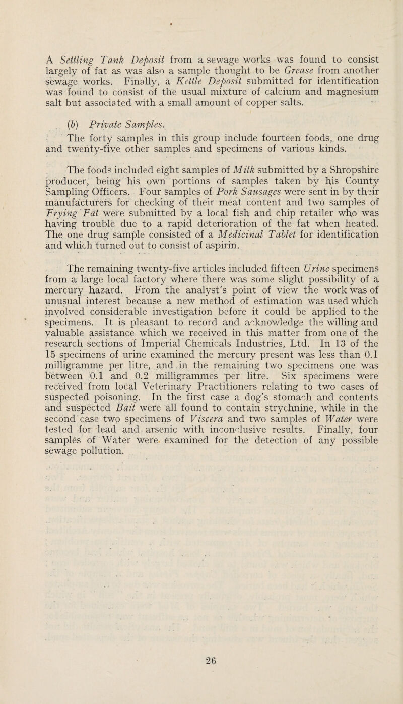 A Settling Tank Deposit from a sewage works was found to consist largely of fat as was also a sample thought to be Grease from another sewage works. Finally, a Kettle Deposit submitted for identification was found to consist of the usual mixture of calcium and magnesium salt but associated with a small amount of copper salts. (b) Private Samples. The forty samples in this group include fourteen foods, one drug and twenty-five other samples and specimens of various kinds. The foods included eight samples of Milk submitted by a Shropshire producer, being his own portions of samples taken by his County Sampling Officers. Four Samples of Pork Sausages were sent in by their manufacturers for checking of their meat content and two samples of Frying Fat were submitted by a local fish and chip retailer who was having trouble due to a rapid deterioration of the fat when heated. The one drug sample consisted of a Medicinal Tablet for identification and which turned out to consist of aspirin. The remaining twenty-five articles included fifteen Urine specimens from a large local factory where there was some slight possibility of a mercury hazard. From the analyst’s point of view the work was of unusual interest because a new method of estimation was used which involved considerable investigation before it could be applied to the specimens. It is pleasant to record and acknowledge the willing and valuable assistance which we received in this matter from one of the research sections of Imperial Chemicals Industries, Ltd. In 13 of the 15 specimens of urine examined the mercury present was less than 0.1 milligramme per litre, and in the remaining two specimens one was between 0.1 and 0.2 milligrammes per litre. Six specimens were received from local Veterinaty Practitioners relating to two cases of suspected poisoning. In the first case a dog’s stomach and contents and suspected Bait were all found to contain strychnine, while in the second case two specimens of Viscera and two samples of Water were tested for lead and arsenic with inconclusive results. Finally, four samples of Water Were examined for the detection of any possible sewage pollution.