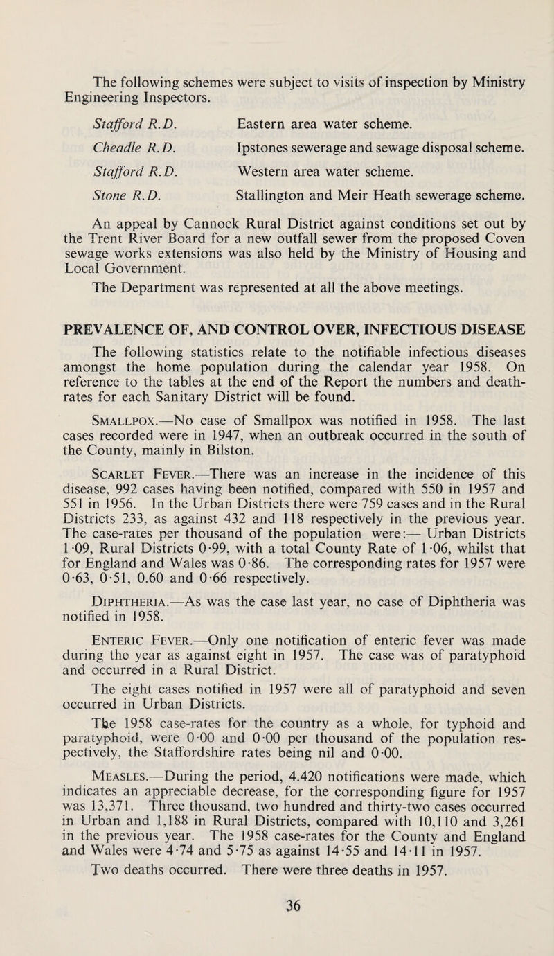 The following schemes were subject to visits of inspection by Ministry Engineering Inspectors. Eastern area water scheme. Ipstones sewerage and sewage disposal scheme. Western area water scheme. Stallington and Meir Heath sewerage scheme. Stafford R.D. Cheadle R.D. Stafford R. D. Stone R.D. An appeal by Cannock Rural District against conditions set out by the Trent River Board for a new outfall sewer from the proposed Coven sewage works extensions was also held by the Ministry of Housing and Local Government. The Department was represented at all the above meetings. PREVALENCE OF, AND CONTROL OVER, INFECTIOUS DISEASE The following statistics relate to the notifiable infectious diseases amongst the home population during the calendar year 1958. On reference to the tables at the end of the Report the numbers and death- rates for each Sanitary District will be found. Smallpox.—No case of Smallpox was notified in 1958. The last cases recorded were in 1947, when an outbreak occurred in the south of the County, mainly in Bilston. Scarlet Fever.—There was an increase in the incidence of this disease, 992 cases having been notified, compared with 550 in 1957 and 551 in 1956. In the Urban Districts there were 759 cases and in the Rural Districts 233, as against 432 and 118 respectively in the previous year. The case-rates per thousand of the population were:— Urban Districts 1 -09, Rural Districts 0*99, with a total County Rate of 1 -06, whilst that for England and Wales was 0*86. The corresponding rates for 1957 were 0-63, 0-51, 0.60 and 0-66 respectively. Diphtheria.—As was the case last year, no case of Diphtheria was notified in 1958. Enteric Fever.—Only one notification of enteric fever was made during the year as against eight in 1957. The case was of paratyphoid and occurred in a Rural District. The eight cases notified in 1957 were all of paratyphoid and seven occurred in Urban Districts. The 1958 case-rates for the country as a whole, for typhoid and paratyphoid, were 0-00 and 0-00 per thousand of the population res¬ pectively, the Staffordshire rates being nil and 0*00. Measles.—During the period, 4.420 notifications were made, which indicates an appreciable decrease, for the corresponding figure for 1957 was 13,371. Three thousand, two hundred and thirty-two cases occurred in Urban and 1,188 in Rural Districts, compared with 10,110 and 3,261 in the previous year. The 1958 case-rates for the County and England and Wales were 4*74 and 5*75 as against 14-55 and 14-11 in 1957. Two deaths occurred. There were three deaths in 1957.