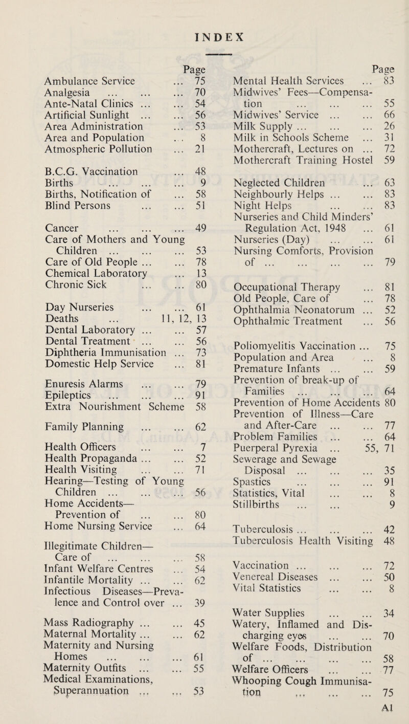 INDEX Ambulance Service Page ... 75 Analgesia ... 70 Ante-Natal Clinics ... ... 54 Artificial Sunlight ... ... 56 Area Administration ... 53 Area and Population ... 8 Atmospheric Pollution ... 21 B.C.G. Vaccination ... 48 Births ... ... 9 Births, Notification of ... 58 Blind Persons ... 51 Cancer ... 49 Care of Mothers and Young Children ... ... 53 Care of Old People ... ... 78 Chemical Laboratory ... 13 Chronic Sick ... 80 Day Nurseries ... 61 Deaths ... 11 , 12, 13 Dental Laboratory ... ... 57 Dental Treatment ... ... 56 Diphtheria Immunisation ... 73 Domestic Help Service ... 81 Enuresis Alarms ... 79 Epileptics . ... 91 Extra Nourishment Scheme 58 Family Planning ... 62 Health Officers ... 7 Health Propaganda ... ... 52 Health Visiting ... 71 Flearing—Testing of Young Children ... ... 56 Home Accidents— Prevention of ... 80 Home Nursing Service ... 64 Illegitimate Children— Care of ... 58 Infant Welfare Centres ... 54 Infantile Mortality ... ... 62 Infectious Diseases—Preva- lence and Control over ... 39 Page Mental Health Services ... 83 Midwives’ Fees—Compensa¬ tion ... ... ... 55 Midwives’ Service ... ... 66 Milk Supply ... ... ... 26 Milk in Schools Scheme ... 31 Mothercraft, Lectures on ... 72 Mothercraft Training Hostel 59 Neglected Children ... 63 Neighbourly Helps ... ... 83 Night Helps ... ... 83 Nurseries and Child Minders’ Regulation Act, 1948 ... 61 Nurseries (Day) ... ... 61 Nursing Comforts, Provision Occupational Therapy ... 81 Old People, Care of ... 78 Ophthalmia Neonatorum ... 52 Ophthalmic Treatment ... 56 Poliomyelitis Vaccination ... 75 Population and Area ... 8 Premature Infants ... ... 59 Prevention of break-up of Families ... ... ... 64 Prevention of Home Accidents 80 Prevention of Illness—Care and After-Care ... 77 Problem Families ... 64 Puerperal Pyrexia ... 55, 71 Sewerage and Sewage Disposal ... 35 Spastics • • • 91 Statistics, Vital • • • 8 Stillbirths 9 Tuberculosis ... • • • 42 Tuberculosis Health Visiting 48 Vaccination ... • • • 72 Venereal Diseases ... • • • 50 Vital Statistics 8 Mass Radiography ... ... 45 Maternal Mortality ... ... 62 Maternity and Nursing Homes . 61 Maternity Outfits ... 55 Medical Examinations, Superannuation ... ... 53 Water Supplies . 34 Watery, Inflamed and Dis¬ charging eyes . 70 Welfare Foods, Distribution of.58 Welfare Officers . 77 Whooping Cough Immunisa¬ tion ..75 M