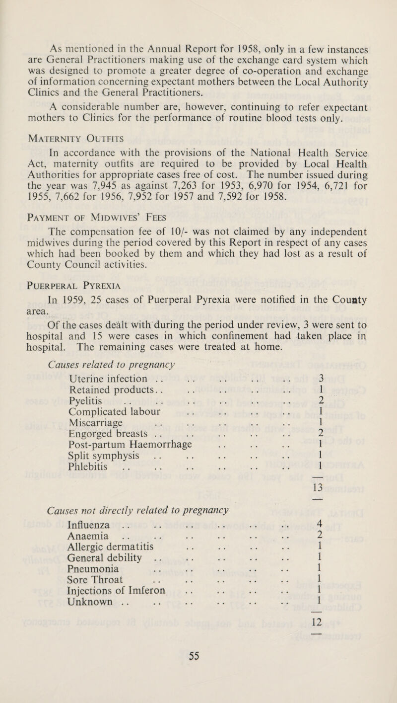 As mentioned in the Annual Report for 1958, only in a few instances are General Practitioners making use of the exchange card system which was designed to promote a greater degree of co-operation and exchange of information concerning expectant mothers between the Local Authority Clinics and the General Practitioners. A considerable number are, however, continuing to refer expectant mothers to Clinics for the performance of routine blood tests only. Maternity Outfits In accordance with the provisions of the National Health Service Act, maternity outfits are required to be provided by Local Health Authorities for appropriate cases free of cost. The number issued during the year was 7,945 as against 7,263 for 1953, 6,970 for 1954, 6,721 for 1955, 7,662 for 1956, 7,952 for 1957 and 7,592 for 1958. Payment of Mid wives’ Fees The compensation fee of 10/- was not claimed by any independent midwives during the period covered by this Report in respect of any cases which had been booked by them and which they had lost as a result of County Council activities. Puerperal Pyrexia In 1959, 25 cases of Puerperal Pyrexia were notified in the County area. Of the cases dealt with during the period under review, 3 were sent to hospital and 15 were cases in which confinement had taken place in hospital. The remaining cases were treated at home. Causes related to pregnancy Uterine infection . . . . . . .. .. 3 Retained products.. .. .. .. .. 1 Pyelitis .. .. .. .. .. .. 2 Complicated labour .. .. .. .. 1 Miscarriage . . . . .. .. .. 1 Engorged breasts .. .. .. .. .. 2 Post-partum Haemorrhage .. .. .. 1 Split symphysis .. .. .. .. .. 1 Phlebitis .. .. .. .. .. .. 1 13 Causes not directly related to pregnancy Influenza .. .. .. .. .• •. 4 Anaemia .. .. . • •. • • • • 2 Allergic dermatitis .. .. .. .. 1 General debility .. .. .. .. .. 1 Pneumonia Sore Throat Injections of Imferon . 1 Unknown 12