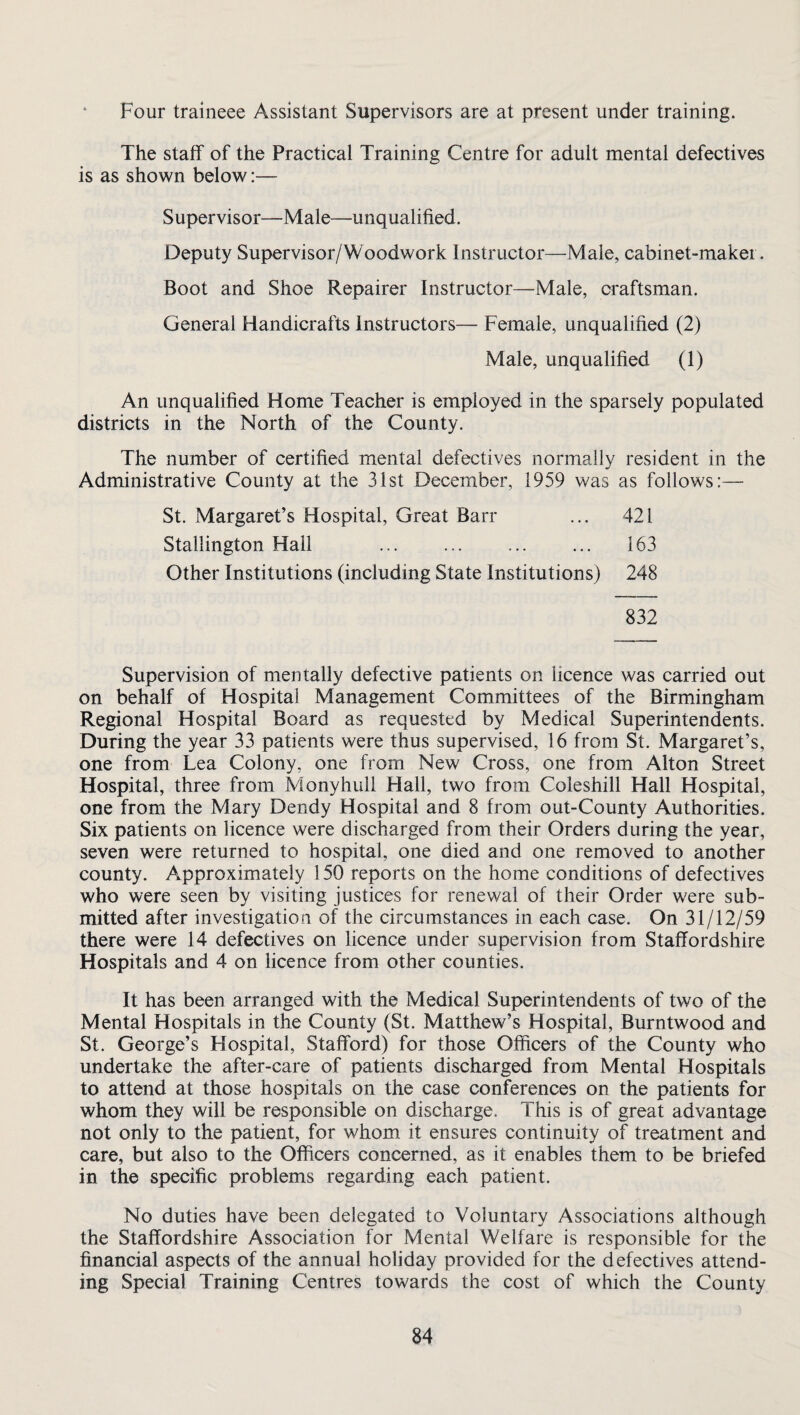 Four traineee Assistant Supervisors are at present under training. The staff of the Practical Training Centre for adult mental defectives is as shown below:— Supervisor—Male—unqualified. Deputy Supervisor/Woodwork Instructor—Male, cabinet-maker. Boot and Shoe Repairer Instructor—Male, craftsman. General Handicrafts Instructors— Female, unqualified (2) Male, unqualified (1) An unqualified Home Teacher is employed in the sparsely populated districts in the North of the County. The number of certified mental defectives normally resident in the Administrative County at the 31st December, 1959 was as follows:— St. Margaret’s Hospital, Great Barr ... 421 Stallington Hall ... ... ... ... 163 Other Institutions (including State Institutions) 248 832 Supervision of mentally defective patients on licence was carried out on behalf of Hospital Management Committees of the Birmingham Regional Hospital Board as requested by Medical Superintendents. During the year 33 patients were thus supervised, 16 from St. Margaret’s, one from Lea Colony, one from New Cross, one from Alton Street Hospital, three from Monyhull Hall, two from Coleshill Hall Hospital, one from the Mary Dendy Hospital and 8 from out-County Authorities. Six patients on licence were discharged from their Orders during the year, seven were returned to hospital, one died and one removed to another county. Approximately 150 reports on the home conditions of defectives who were seen by visiting justices for renewal of their Order were sub¬ mitted after investigation of the circumstances in each case. On 31/12/59 there were 14 defectives on licence under supervision from Staffordshire Hospitals and 4 on licence from other counties. It has been arranged with the Medical Superintendents of two of the Mental Hospitals in the County (St. Matthew’s Hospital, Burntwood and St. George’s Hospital, Stafford) for those Officers of the County who undertake the after-care of patients discharged from Mental Hospitals to attend at those hospitals on the case conferences on the patients for whom they will be responsible on discharge. This is of great advantage not only to the patient, for whom it ensures continuity of treatment and care, but also to the Officers concerned, as it enables them to be briefed in the specific problems regarding each patient. No duties have been delegated to Voluntary Associations although the Staffordshire Association for Mental Welfare is responsible for the financial aspects of the annual holiday provided for the defectives attend¬ ing Special Training Centres towards the cost of which the County