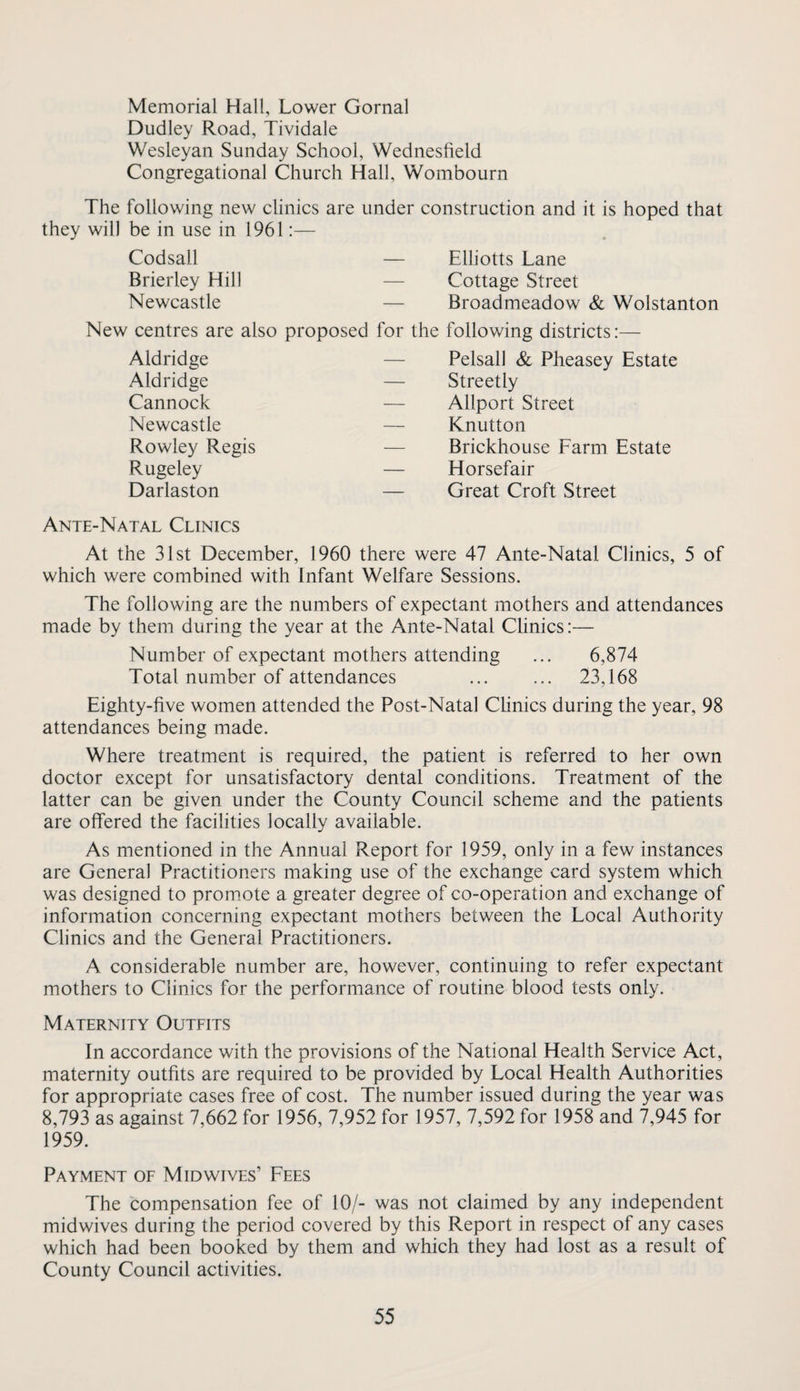 Memorial Hall, Lower Gornal Dudley Road, Tividale Wesleyan Sunday School, Wednesfield Congregational Church Hall, Wombourn The following new clinics are under construction and it is hoped that they will be in use in 1961:— Codsall — Brierley Hill — Newcastle — New centres are also proposed for the Aldridge — Aldridge — Cannock — Newcastle — Rowley Regis — Rugeley — Darlaston — Ante-Natal Clinics At the 31st December, 1960 there were 47 Ante-Natal Clinics, 5 of which were combined with Infant Welfare Sessions. The following are the numbers of expectant mothers and attendances made by them during the year at the Ante-Natal Clinics:— Number of expectant mothers attending ... 6,874 Total number of attendances ... ... 23,168 Eighty-five women attended the Post-Natal Chnics during the year, 98 attendances being made. Where treatment is required, the patient is referred to her own doctor except for unsatisfactory dental conditions. Treatment of the latter can be given under the County Council scheme and the patients are offered the facilities locally available. As mentioned in the Annual Report for 1959, only in a few instances are General Practitioners making use of the exchange card system which was designed to prom.ote a greater degree of co-operation and exchange of information concerning expectant mothers between the Local Authority Clinics and the General Practitioners. A considerable number are, however, continuing to refer expectant mothers to Clinics for the performance of routine blood tests only. Maternity Outfits In accordance with the provisions of the National Health Service Act, maternity outfits are required to be provided by Local Health Authorities for appropriate cases free of cost. The number issued during the year was 8,793 as against 7,662 for 1956, 7,952 for 1957, 7,592 for 1958 and 7,945 for 1959. Payment of Mid wives’ Fees The compensation fee of 10/- was not claimed by any independent midwives during the period covered by this Report in respect of any cases which had been booked by them and which they had lost as a result of County Council activities. Elliotts Lane Cottage Street Broadmeadow & Wolstanton following districts:— Pelsall & Pheasey Estate Streetly Allport Street Knutton Brickhouse Farm Estate Horsefair Great Croft Street