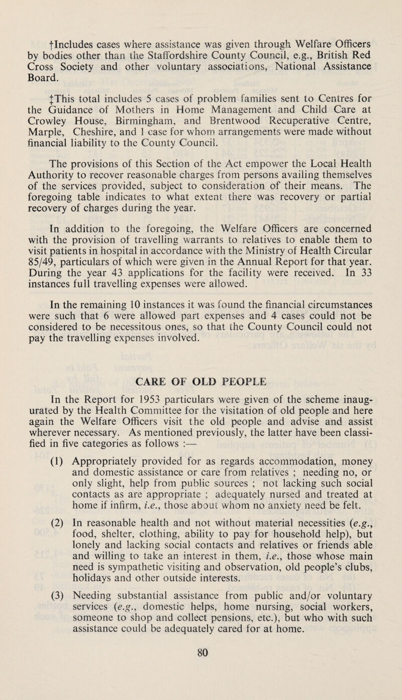 flncludes cases where assistance was given through Welfare Officers by bodies other than the Staffordshire County Council, e.g., British Red Cross Society and other voluntary associations, National Assistance Board. JThis total includes 5 cases of problem families sent to Centres for the Guidance of Mothers in Home Management and Child Care at Crowley House, Birmingham, and Brentwood Recuperative Centre, Marple, Cheshire, and 1 case for whom arrangements were made without financial liability to the County Council. The provisions of this Section of the Act empower the Local Health Authority to recover reasonable charges from persons availing themselves of the services provided, subject to consideration of their means. The foregoing table indicates to what extent there was recovery or partial recovery of charges during the year. In addition to the foregoing, the Welfare Officers are concerned with the provision of travelling warrants to relatives to enable them to visit patients in hospital in accordance with the Ministry of Health Circular 85/49, particulars of which were given in the Annual Report for that year. During the year 43 applications for the facility were received. In 33 instances full travelling expenses were allowed. In the remaining 10 instances it was found the financial circumstances were such that 6 were allowed part expenses and 4 cases could not be considered to be necessitous ones, so that the County Council could not pay the travelling expenses involved. CARE OF OLD PEOPLE In the Report for 1953 particulars were given of the scheme inaug¬ urated by the Health Committee for the visitation of old people and here again the Welfare Officers visit the old people and advise and assist wherever necessary. As mentioned previously, the latter have been classi¬ fied in five categories as follows :— (1) Appropriately provided for as regards accommodation, money and domestic assistance or care from relatives ; needing no, or only slight, help from public sources ; not lacking such social contacts as are appropriate ; adequately nursed and treated at home if infirm, i.e,, those about whom no anxiety need be felt. (2) In reasonable health and not without material necessities {e.g., food, shelter, clothing, ability to pay for household help), but lonely and lacking social contacts and relatives or friends able and willing to take an interest in them, i.e., those whose main need is sympathetic visiting and observation, old people’s clubs, holidays and other outside interests. (3) Needing substantial assistance from public and/or voluntary services {e.g., domestic helps, home nursing, social workers, someone to shop and collect pensions, etc.), but who with such assistance could be adequately cared for at home.