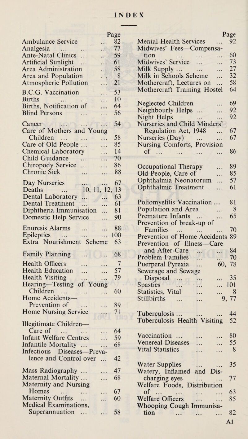 INDEX Ambulance Service Page ... 82 Analgesia . • . • 77 Ante-Natal Clinics ... • • • 59 Artificial Sunlight ... t • • 61 Area Administration • • • 58 Area and Population « , 8 Atmospheric Pollution ... 21 B.C.G. Vaccination 53 Births . • • • 10 Births, Notification of • • • 64 Blind Persons 56 Cancer 54 Care of Mothers and Young Children ... 58 Care of Old People ... • • • 85 Chemical Laboratory • • • 14 Child Guidance • • • 70 Chiropody Service ... • • • 86 Chronic Sick ... 88 Day Nurseries 67 Deaths ... 10, 11, 12 , 13 Dental Laboratory ... • • • 63 Dental Treatment ... • • • 61 Diphtheria Immunisation • • • 81 Domestic Help Service ... 90 Enuresis Alarms 88 Epileptics . • • • 100 Extra Nourishment Scheme 63 Family Planning • • . 68 Health Officers 7 Health Education • • • 57 Health Visiting • • • 79 Hearing—Testing of Young Children ... 60 Home Accidents— Prevention of 89 Home Nursing Service ... 71 Illegitimate Children— Care of . 64 Infant Welfare Centres • • « 59 Infantile Mortality ... • • • 68 Infectious Diseases—Preva¬ lence and Control over ... 42 Mass Radiography ... • • « 47 Maternal Mortality ... • • • 68 Maternity and Nursing Homes . • • « 67 Maternity Outfits ... * • • 60 Medical Examinations, Superannuation ... • • • 58 Page Menial Health Services ... 92 Midwives’ Fees—Compensa¬ tion ... ... ... 60 Midwives’ Service ... ... 73 Milk Supply. 27 Milk in Schools Scheme ... 32 Mothercraft, Lectures on ... 58 Mothercraft Training Hostel 64 Neglected Children ... 69 Neighbourly Helps. 92 Night Helps ... ... 92 Nurseries and Child Minders’ Regulation Act, 1948 ... 67 Nurseries (Day) ... ... 67 Nursing Comforts, Provision Occupational Therapy ... 89 Old People, Care of ... 85 Ophthalmia Neonatorum ... 57 Ophthalmic Treatment ... 61 Poliomyelitis Vaccination ... 81 Population and Area ... 8 Premature Infants . 65 Prevention of break-up of Families . 70 Prevention of Home Accidents 89 Prevention of Illness—Care and After-Care . 84 Problem Families ... ... 70 Puerperal Pyrexia ... 60, 78 Sewerage and Sewage Disposal . 35 Spastics .101 Statistics, Vital ... ... 8 Stillbirths ... ... 9, 77 Tuberculosis ... ... ... 44 Tuberculosis Health Visiting 52 Vaccination. 80 Venereal Diseases . 55 Vital Statistics . 8 Water Supplies . 35 Watery, Inflamed and Dis¬ charging eyes . 77 Welfare Foods, Distribution ^)f ... ... ... ... 63 Welfare Officers . 85 Whooping Cough Immunisa¬ tion . 82 A1