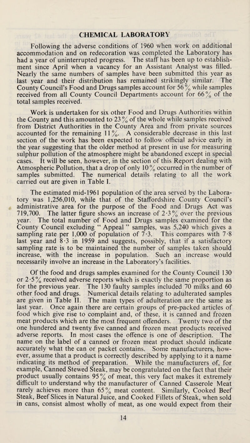 CHEMICAL LABORATORY Following the adverse conditions of 1960 when work on additional accommodation and on redecoration was completed the Laboratory has had a year of uninterrupted progress. The staff has been up to establish¬ ment since April when a vacancy for an Assistant Analyst was filled. Nearly the same numbers of samples have been submitted this year as last year and their distribution has remained strikingly similar. The County Council’s Food and Drugs samples account for 56 % while samples received from all County Council Departments account for 66% of the total samples received. Work is undertaken for six other Food and Drugs Authorities within the County and this amounted to 23 % of the whole while samples received from District Authorities in the County Area and from private sources accounted for the remaining 11%. A considerable decrease in this last section of the work has been expected to follow official advice early in the year suggesting that the older method at present in use for measuring sulphur pollution of the atmosphere might be abandoned except in special cases. It will be seen, however, in the section of this Report dealing with Atmospheric Pollution, that a drop of only 10 % occurred in the number of samples submitted. The numerical details relating to all the work carried out are given in Table 1. The estimated mid-1961 population of the area served by the Labora¬ tory was 1,256,010, while that of the Staffordshire County Council’s administrative area for the purpose of the Food and Drugs Act was 719,700. The latter figure shows an increase of 2-3% over the previous year. The total number of Food and Drugs samples examined for the County Council excluding “ Appeal ” samples, was 5,240 which gives a sampling rate per 1,000 of population of 7*3. This compares with 7*8 last year and 8*3 in 1959 and suggests, possibly, that if a satisfactory sampling rate is to be maintained the number of samples taken should increase, with the increase in population. Such an increase would necessarily involve an increase in the Laboratory’s facilities. Of the food and drugs samples examined for the County Council 130 or 2-5% received adverse reports which is exactly the same proportion as for the previous year. The 130 faulty samples included 70 milks and 60 other food and drugs. Numerical details relating to adulterated samples are given in Table 11. The main types of adulteration are the same as last year. Once again there are certain groups of pre-packed articles of food which give rise to complaint and, of these, it is canned and frozen meat products which are the most frequent offenders. Twenty two of the one hundered and twenty five canned and frozen meat products received adverse reports. In most cases the offence is one of description. The name on the label of a canned or frozen meat product should indicate accurately what the can or packet contains. Some manufacturers, how¬ ever, assume that a product is correctly described by applying to it a name indicating its method of preparation. While the manufacturers of, for example. Canned Stewed Steak, may be congratulated on the fact that their product usually contains 95 % of meat, this very fact makes it extremely difficult to understand why the manufacturer of Canned Casserole Meat rarely achieves more than 65% meat content. Similarly, Cooked Beef Steak, Beef Slices in Natural Juice, and Cooked Fillets of Steak, when sold in cans, consist almost wholly of meat, as one would expect from their