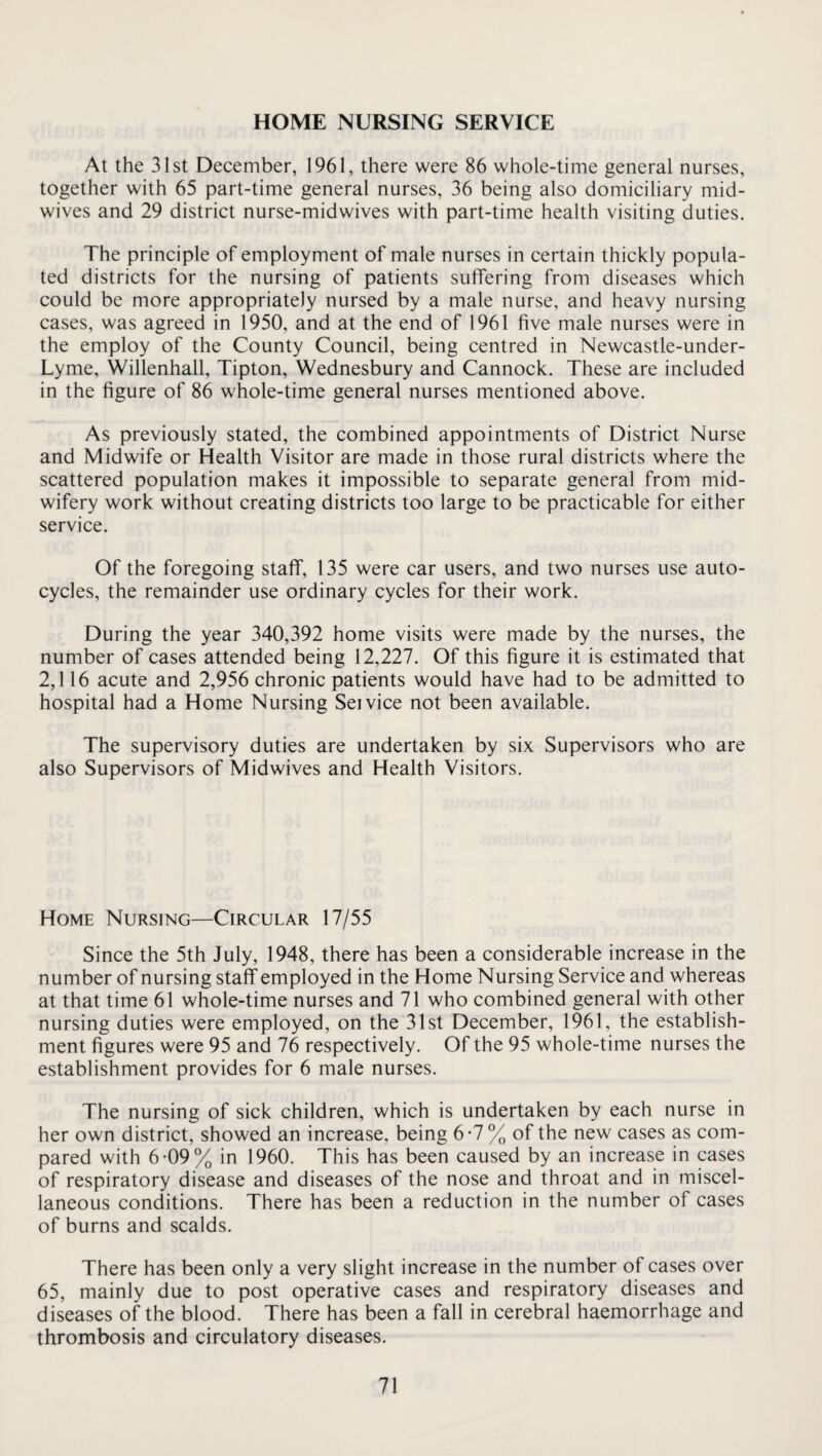 HOME NURSING SERVICE At the 31st December, 1961, there were 86 whole-time general nurses, together with 65 part-time general nurses, 36 being also domiciliary mid¬ wives and 29 district nurse-midwives with part-time health visiting duties. The principle of employment of male nurses in certain thickly popula¬ ted districts for the nursing of patients suffering from diseases which could be more appropriately nursed by a male nurse, and heavy nursing cases, was agreed in 1950, and at the end of 1961 five male nurses were in the employ of the County Council, being centred in Newcastle-under- Lyme, Willenhall, Tipton, Wednesbury and Cannock. These are included in the figure of 86 whole-time general nurses mentioned above. As previously stated, the combined appointments of District Nurse and Midwife or Health Visitor are made in those rural districts where the scattered population makes it impossible to separate general from mid¬ wifery work without creating districts too large to be practicable for either service. Of the foregoing stalf, 135 were car users, and two nurses use auto¬ cycles, the remainder use ordinary cycles for their work. During the year 340,392 home visits were made by the nurses, the number of cases attended being 12,227. Of this figure it is estimated that 2,116 acute and 2,956 chronic patients would have had to be admitted to hospital had a Home Nursing Seivice not been available. The supervisory duties are undertaken by six Supervisors who are also Supervisors of Midwives and Health Visitors. Home Nursing—Circular 17/55 Since the 5th July, 1948, there has been a considerable increase in the number of nursing staff employed in the Home Nursing Service and whereas at that time 61 whole-time nurses and 71 who combined general with other nursing duties were employed, on the 31st December, 1961, the establish¬ ment figures were 95 and 76 respectively. Of the 95 whole-time nurses the establishment provides for 6 male nurses. The nursing of sick children, which is undertaken by each nurse in her own district, showed an increase, being 6-7% of the new cases as com¬ pared with 6-09% in 1960. This has been caused by an increase in cases of respiratory disease and diseases of the nose and throat and in miscel¬ laneous conditions. There has been a reduction in the number of cases of burns and scalds. There has been only a very slight increase in the number of cases over 65, mainly due to post operative cases and respiratory diseases and diseases of the blood. There has been a fall in cerebral haemorrhage and thrombosis and circulatory diseases.