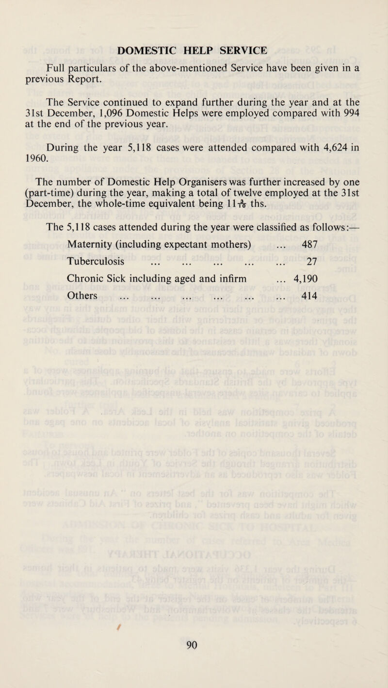 DOMESTIC HELP SERVICE Full particulars of the above-mentioned Service have been given in a previous Report. The Service continued to expand further during the year and at the 31st December, 1,096 Domestic Helps were employed compared with 994 at the end of the previous year. During the year 5,118 cases were attended compared with 4,624 in 1960. The number of Domestic Help Organisers was further increased by one (part-time) during the year, making a total of twelve employed at the 31 st December, the whole-time equivalent being lli^ ths. The 5,118 cases attended during the year were classified as follows:— Maternity (including expectant mothers) Tuberculosis . Chronic Sick including aged and infirm Others . 487 27 4,190 414