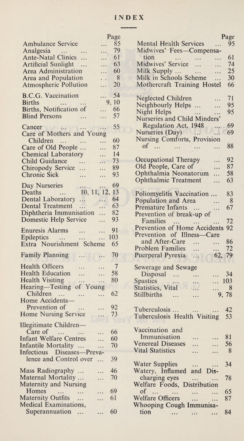 INDEX Ambulance Service Page 85 Analgesia 79 Ante-Natal Clinics ... 61 Artificial Sunlight ... 63 Area Administration 60 Area and Population . . 8 Atmospheric Pollution 20 B.C.G. Vaccination 54 Births . 9, 10 Births, Notification of 66 Blind Persons . 57 Cancer 55 Care of Mothers and Young Children ... 60 Care of Old People. 87 Chemical Laboratory 14 Child Guidance 73 Chiropody Service ... 89 Chronic Sick 93 Day Nurseries . 69 Deaths ... 10, 11, 12, 13 Dental Laboratory. 64 Dental Treatment ... 63 Diphtheria Immunisation ... 82 Domestic Help Service 93 Enuresis Alarms 91 Epileptics 103 Extra Nourishment Scheme 65 Family Planning . 70 Health Officers 7 Health Education . 58 Health Visiting 80 Hearing—Testing of Young Children ... . 62 Home Accidents— Prevention of 92 Home Nursing Service 73 Illegitimate Children— Care of . 66 Infant Welfare Centres 60 Infantile Mortality. 70 Infectious Diseases—Preva- lence and Control over ... 39 Mass Radiography. 46 Maternal Mortality. 70 Maternity and Nursing Homes . 69 Maternity Outfits . 61 Medical Examinations, Superannuation . 60 Page Mental Health Services ... 95 Midwives’ Fees—Compensa¬ tion 61 Midwives’ Service ... ... 74 Milk Supply ... ... ... 25 Milk in Schools Scheme ... 30 Mothercraft Training Hostel 66 Neglected Children ... 71 Neighbourly Helps. 95 Night Helps 95 Nurseries and Child Minders’ Regulation Act, 1948 ... 69 Nurseries (Day) ... ... 69 Nursing Comforts, Provision Occupational Therapy ... 92 Old People, Care of ... 87 Ophthalmia Neonatorum ... 58 Ophthalmic Treatment ... 63 Poliomyelitis Vaccination ... 83 Population and Area ... 8 Premature Infants . 67 Prevention of break-up of Families . 72 Prevention of Home Accidents 92 Prevention of Illness—Care and After-Care ... ... 86 Problem Families ... ... 72 Puerperal Pyrexia ... 62, 79 Sewerage and Sewage Disposal ... Spastics Statistics, Vital Stillbirths ... 34 ... 103 ... 8 9, 78 Tuberculosis ... ... ... 42 Tuberculosis Health Visiting 53 Vaccination and Immunisation . 81 Venereal Diseases . 56 Vital Statistics . 8 Water Supplies . 34 Watery, Inflamed and Dis¬ charging eyes . 78 Welfare Foods, Distribution f ... ... ... ... 65 Welfare Officers . 87 Whooping Cough Immunisa¬ tion . 84