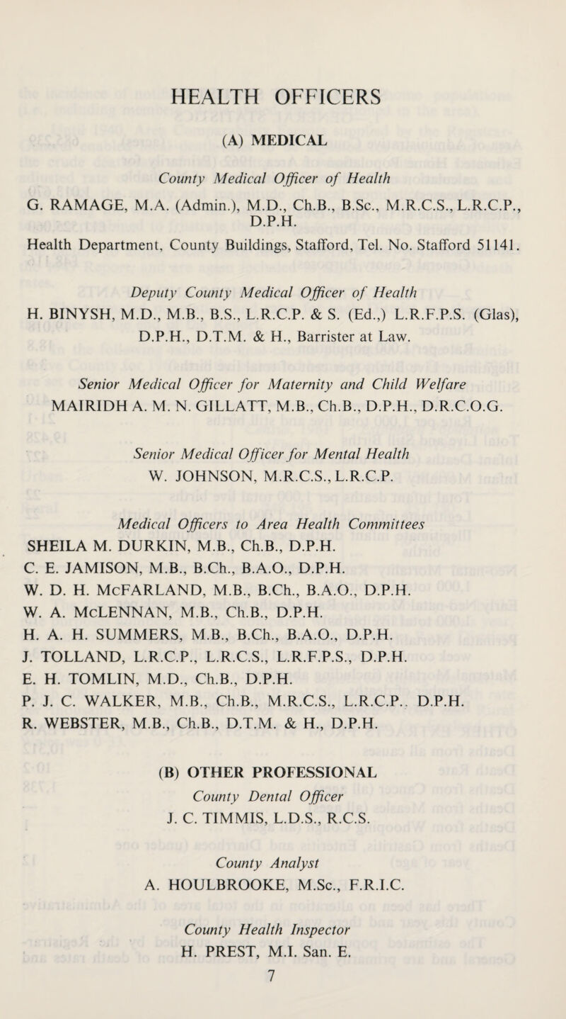 HEALTH OFFICERS (A) MEDICAL County Medical Officer of Health G. RAMAGE, M.A. (Admin.), M.D., Ch.B., B.Sc., M.R.C.S., L.R.C.P., D.P.H. Health Department, County Buildings, Stafford, Tel. No. Stafford 51141. Deputy County Medical Officer of Health H. BINYSH, M.D., M.B., B.S., L.R.C.P. & S. (Ed.,) L.R.F.P.S. (Glas), D.P.H., D.T.M. & H., Barrister at Law. Senior Medical Officer for Maternity and Child Welfare MAIRIDH A. M. N. GILLATT, M.B., Ch.B., D.P.H., D.R.C.O.G. Senior Medical Officer for Mental Health W. JOHNSON, M.R.C.S., L.R.C.P. Medical Officers to Area Health Committees SHEILA M. DURKIN, M.B., Ch.B., D.P.H. C. E. JAMISON, M.B., B.Ch., B.A.O., D.P.H. w. D. H. McFarland, m.b., b.ck, b.a.o., d.p.h. w. A. Mclennan, m.b., clb., d.p.h. H. A. H. SUMMERS, M.B., B.Ch., B.A.O., D.P.H. J. TOLLAND, L.R.C.P., L.R.C.S., L.R.F.P.S., D.P.H. E. H. TOMLIN, M.D., Ch.B., D.P.H. P. J. C. WALKER, M.B., Ch.B., M.R.C.S., L.R.C.P.. D.P.H. R. WEBSTER, M.B., Ch.B., D.T.M. & H., D.P.H. (B) OTHER PROFESSIONAL County Dental Officer J. C. TIMMIS, L.D.S., R.C.S. County Analyst A. HOULBROOKE, M.Sc., F.R.I.C. County Health Inspector H. PREST, M.I. San. E.