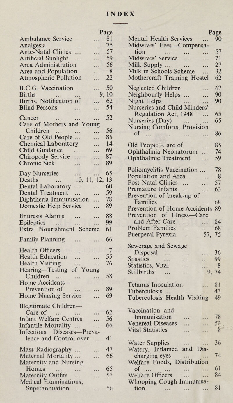 INDEX Ambulance Service Page ... 81 Analgesia . ... 75 Ante-Natal Clinics ... ... 57 Artificial Sunlight ... ... 59 Area Administration ... 56 Area and Population . . 8 Atmospheric Pollution ... 22 Page Mental Health Services ... 90 Midwives’ Fees—Compensa¬ tion . 57 Midwives’ Service ... ... 71 Milk Supply. 27 Milk in Schools Scheme ... 32 Mothercraft Training Hostel 62 B.C.G. Vaccination ... 50 Births . 9, 10 Births, Notification of ... 62 Blind Persons . 54 Cancer . 52 Care of Mothers and Young Children . 56 Care of Old People. 85 Chemical Laboratory ... 14 Child Guidance ... ... 69 Chiropody Service ... ... 87 Chronic Sick . 89 Day Nurseries ... ... 65 Deaths ... 10, 11, 12, 13 Dental Laboratory. 60 Dental Treatment . 59 Diphtheria Immunisation ... 78 Domestic Help Service ... 89 Enuresis Alarms ... ... 88 Epileptics ... 99 Extra Nourishment Scheme 61 Family Planning ... ... 66 Health Officers . 7 Health Education ... ... 55 Health Visiting ... ... 76 Hearing—Testing of Young Children ... ... ... 58 Home Accidents— Prevention of ... ... 89 Home Nursing Service ... 69 Illegitimate Children— Care of Infant Welfare Centres Infantile Mortality. Infectious Diseases—Preva¬ lence and Control over ... 62 56 66 41 Mass Radiography ... Maternal Mortality ... Maternity and Nursing Homes . Maternity Outfits Medical Examinations, Superannuation ... 47 66 65 57 56 Neglected Children Neighbourly Helps. Night Helps . Nurseries and Child Minders’ Regulation Act, 1948 Nurseries (Day) Nursing Comforts, Provision of ... 67 90 90 65 65 86 Old People,-“^are of ... 85 Ophthalmia Neonatorum ... 74 Ophthalmic Treatment ... 59 Poliomyelitis Vaccination ... 78 Population and Area • • • 8 Post-Naiai Clinics ... ... 57 Premature Infants ... 63 Prevention of break-up of Families . ... 68 Prevention of Home Accidents 89 Prevention of Illness— -Care and After-Care 84 Problem Families . 68 Puerperal Pyrexia ... 57, 75 Sewerage and Sewage Disposal ... » • • 36 Spastics • • • 99 Statistics, Vital 8 Stillbirths ,9, 74 Tetanus Inoculation 81 Tuberculosis ... • • • 43 Tuberculosis Health Visiting 49 Vaccination and Immunisation 78 Venereal Diseases ... • • • 53 Vital Statistics . . . r 6 Water Supplies 36 Watery, Inflamed and Dis- charging eyes • • • 74 Welfare Foods, Distribution ••• ••• ••• •» • 61 Welfare Officers • c • 84 Whooping Cough Immunisa- tion . • • • 81