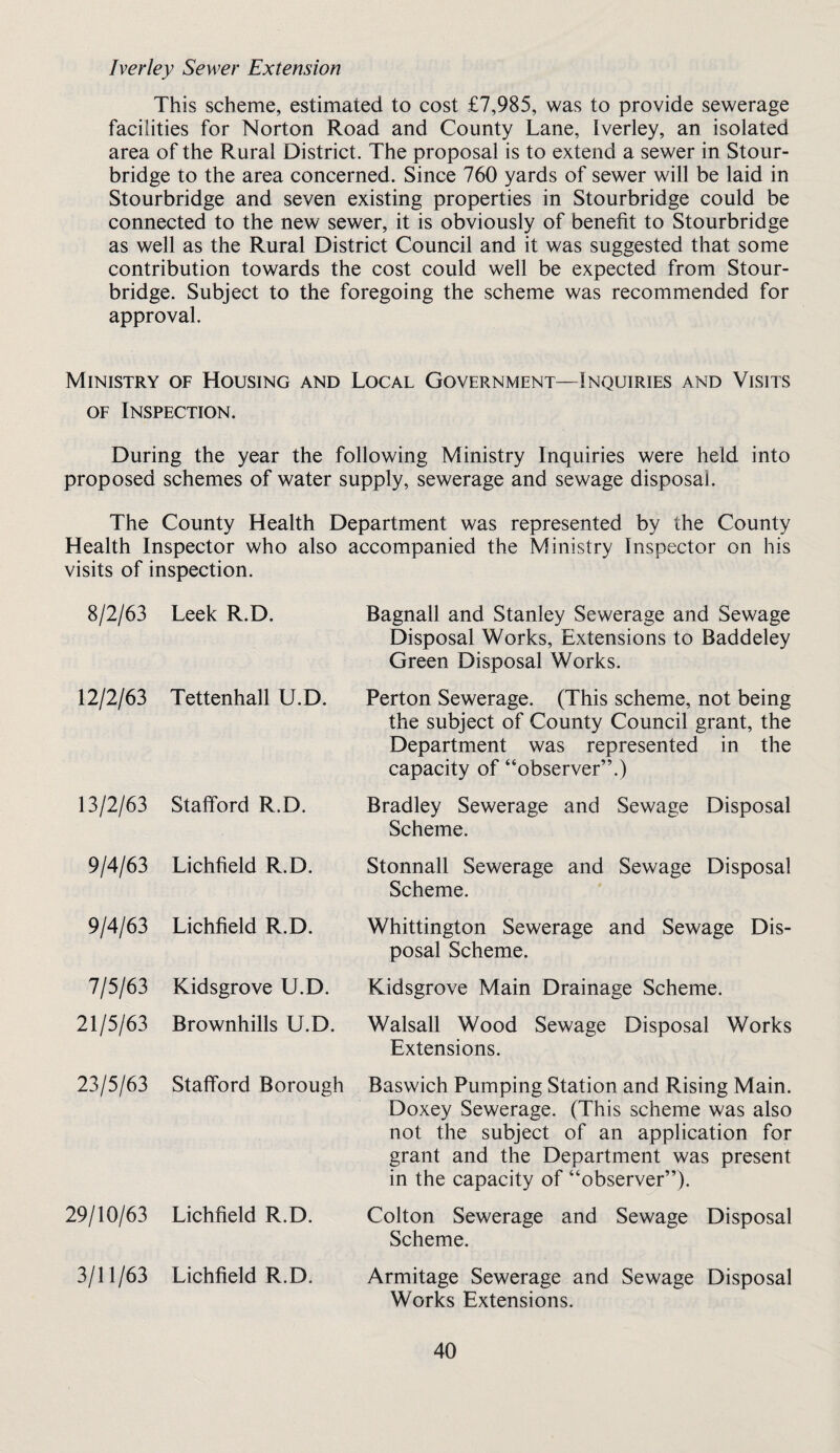 Iverley Sewer Extension This scheme, estimated to cost £7,985, was to provide sewerage facilities for Norton Road and County Lane, Iverley, an isolated area of the Rural District. The proposal is to extend a sewer in Stour¬ bridge to the area concerned. Since 760 yards of sewer will be laid in Stourbridge and seven existing properties in Stourbridge could be connected to the new sewer, it is obviously of benefit to Stourbridge as well as the Rural District Council and it was suggested that some contribution towards the cost could well be expected from Stour¬ bridge. Subject to the foregoing the scheme was recommended for approval. Ministry of Housing and Local Government—Inquiries and Visits OF Inspection. During the year the following Ministry Inquiries were held into proposed schemes of water supply, sewerage and sewage disposal. The County Health Department was represented by the County Health Inspector who also accompanied the Ministry Inspector on his visits of inspection. 8/2/63 Leek R.D. Bagnall and Stanley Sewerage and Sewage Disposal Works, Extensions to Baddeley Green Disposal Works. 12/2/63 Tettenhall U.D. Perton Sewerage. (This scheme, not being the subject of County Council grant, the Department was represented in the capacity of “observer”.) 13/2/63 Stafford R.D. Bradley Sewerage and Sewage Disposal Scheme. 9/4/63 Lichfield R.D. Stonnall Sewerage and Sewage Disposal Scheme. 9/4/63 Lichfield R.D. Whittington Sewerage and Sewage Dis¬ posal Scheme. 7/5/63 Kidsgrove Lf.D. 21/5/63 Brownhills U.D. Kidsgrove Main Drainage Scheme. Walsall Wood Sewage Disposal Works Extensions. 23/5/63 Stafford Borough Baswich Pumping Station and Rising Main. Doxey Sewerage. (This scheme was also not the subject of an application for grant and the Department was present in the capacity of “observer”). 29/10/63 Lichfield R.D. Colton Sewerage and Sewage Disposal Scheme. 3/11/63 Lichfield R.D. Armitage Sewerage and Sewage Disposal Works Extensions.