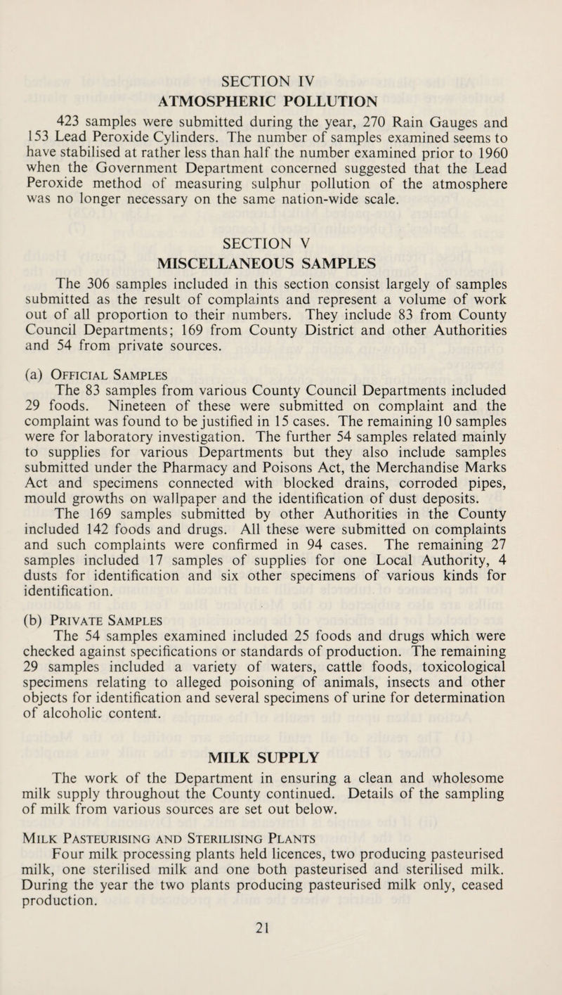 ATMOSPHERIC POLLUTION 423 samples were submitted during the year, 270 Rain Gauges and 153 Lead Peroxide Cylinders. The number of samples examined seems to have stabilised at rather less than half the number examined prior to 1960 when the Government Department concerned suggested that the Lead Peroxide method of measuring sulphur pollution of the atmosphere was no longer necessary on the same nation-wide scale. SECTION V MISCELLANEOUS SAMPLES The 306 samples included in this section consist largely of samples submitted as the result of complaints and represent a volume of work out of all proportion to their numbers. They include 83 from County Council Departments; 169 from County District and other Authorities and 54 from private sources. (a) Official Samples The 83 samples from various County Council Departments included 29 foods. Nineteen of these were submitted on complaint and the complaint was found to be justified in 15 cases. The remaining 10 samples were for laboratory investigation. The further 54 samples related mainly to supplies for various Departments but they also include samples submitted under the Pharmacy and Poisons Act, the Merchandise Marks Act and specimens connected with blocked drains, corroded pipes, mould growths on wallpaper and the identification of dust deposits. The 169 samples submitted by other Authorities in the County included 142 foods and drugs. All these were submitted on complaints and such complaints were confirmed in 94 cases. The remaining 27 samples included 17 samples of supplies for one Local Authority, 4 dusts for identification and six other specimens of various kinds for identification. (b) Private Samples The 54 samples examined included 25 foods and drugs which were checked against specifications or standards of production. The remaining 29 samples included a variety of waters, cattle foods, toxicological specimens relating to alleged poisoning of animals, insects and other objects for identification and several specimens of urine for determination of alcoholic conteat. MILK SUPPLY The work of the Department in ensuring a clean and wholesome milk supply throughout the County continued. Details of the sampling of milk from various sources are set out below. Milk Pasteurising and Sterilising Plants Four milk processing plants held licences, two producing pasteurised milk, one sterilised milk and one both pasteurised and sterilised milk. During the year the two plants producing pasteurised milk only, ceased production.