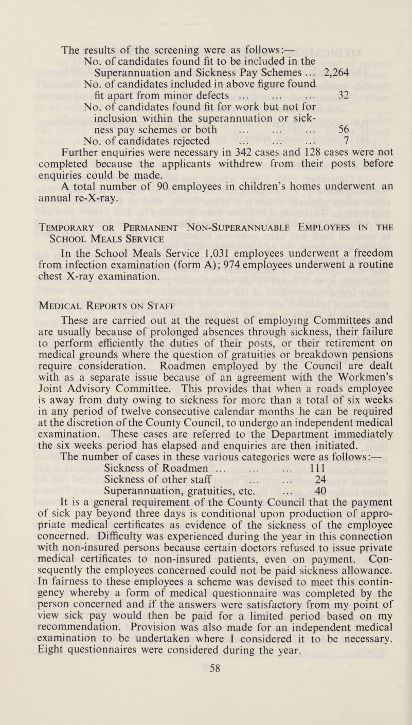 The results of the screening were as follows:— No. of candidates found fit to be included in the Superannuation and Sickness Pay Schemes ... 2,264 No. of candidates included in above figure found fit apart from minor defects ... ... ... 32 No. of candidates found fit for work but not for inclusion within the superannuation or sick¬ ness pay schemes or both . 56 No. of candidates rejected . 7 Further enquiries were necessary in 342 cases and 128 cases were not completed because the applicants withdrew from their posts before enquiries could be made. A total number of 90 employees in children’s homes underwent an annual re-X-ray. Temporary or Permanent Non-Superannuable Employees in the School Meals Service In the School Meals Service 1,031 employees underwent a freedom from infection examination (form A); 974 employees underwent a routine chest X-ray examination. Medical Reports on Staff These are carried out at the request of employing Committees and are usually because of prolonged absences through sickness, their failure to perform efficiently the duties of their posts, or their retirement on medical grounds where the question of gratuities or breakdown pensions require consideration. Roadmen employed by the Council are dealt with as a separate issue because of an agreement with the Workmen’s Joint Advisory Committee. This provides that when a roads employee is away from duty owing to sickness for more than a total of six weeks in any period of twelve consecutive calendar months he can be required at the discretion of the County Council, to undergo an independent medical examination. These cases are referred to the Department immediately the six weeks period has elapsed and enquiries are then initiated. The number of cases in these various categories were as follows:— Sickness of Roadmen ... . Ill Sickness of other staff ... ... 24 Superannuation, gratuities, etc. ... 40 It is a general requirement of the County Council that the payment of sick pay beyond three days is conditional upon production of appro¬ priate medical certificates as evidence of the sickness of the employee concerned. Difficulty was experienced during the year in this connection with non-insured persons because certain doctors refused to issue private medical certificates to non-insured patients, even on payment. Con¬ sequently the employees concerned could not be paid sickness allowance. In fairness to these employees a scheme was devised to meet this contin¬ gency whereby a form of medical questionnaire was completed by the person concerned and if the answers were satisfactory from my point of view sick pay would then be paid for a limited period based on my recommendation. Provision was also made for an independent medical examination to be undertaken where I considered it to be necessary. Eight questionnaires were considered during the year.